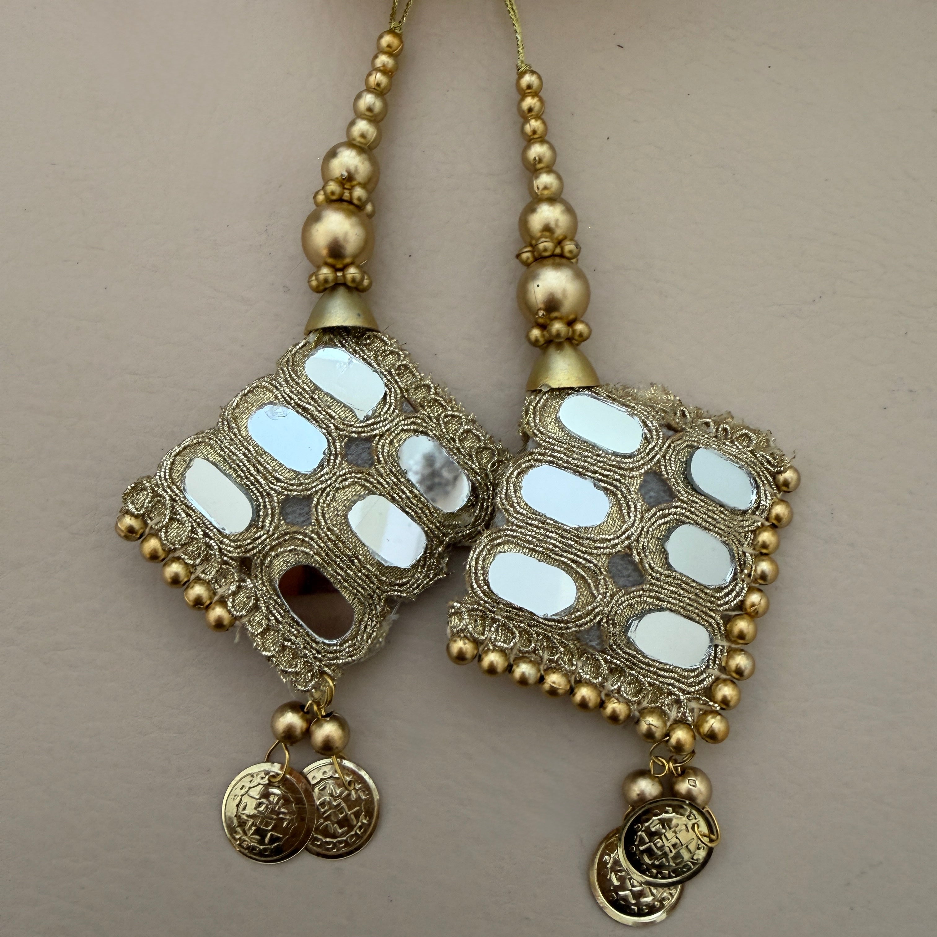 Gold Mirror Work Diamond Tassels with Coin Drops & Bead Chain — Set of 2