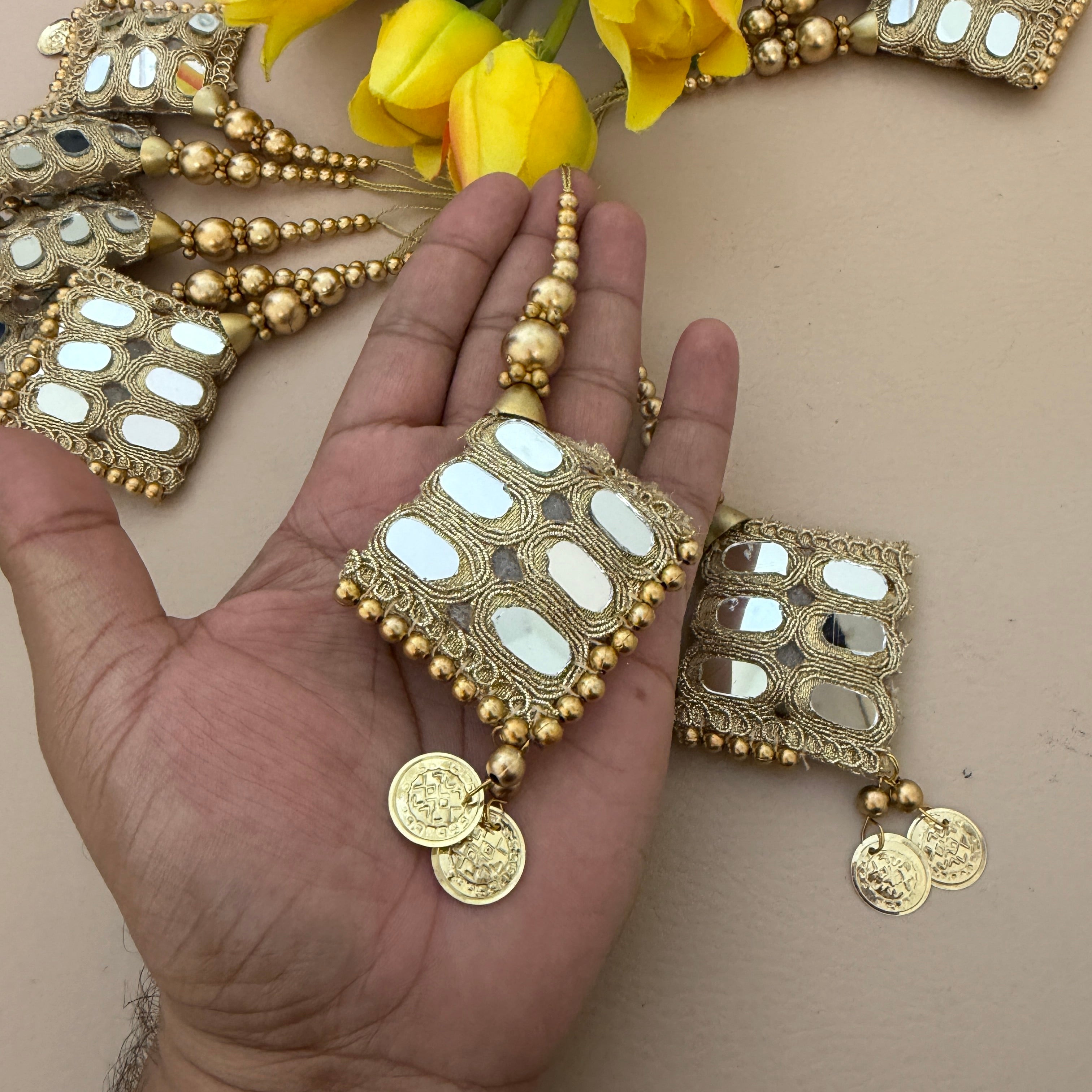 Gold Mirror Work Diamond Tassels with Coin Drops & Bead Chain — Set of 2