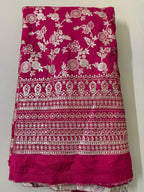 Dola Silk Embroidered Fabric | Magenta Floral Brocade with Sequin Border