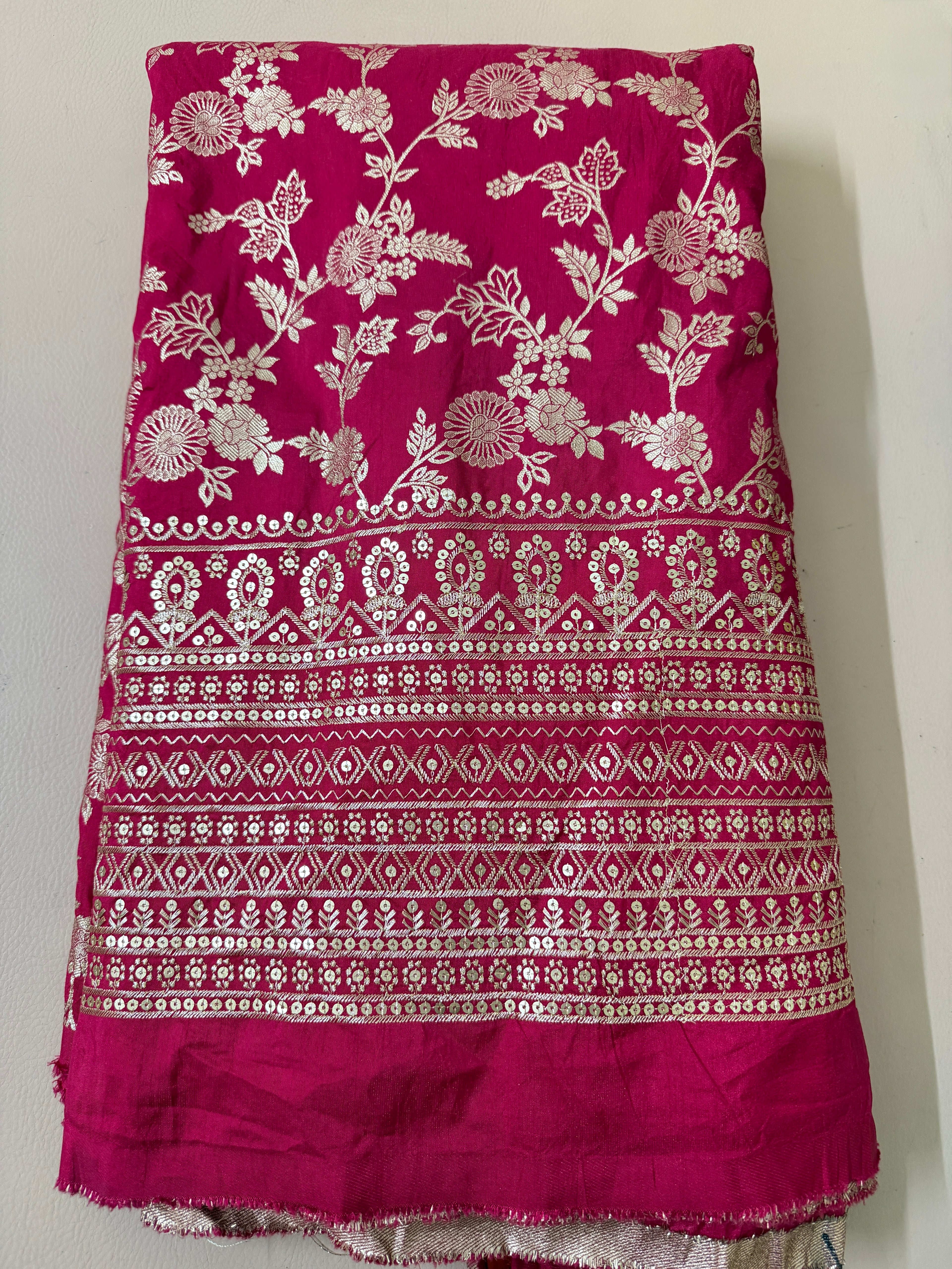 Dola Silk Embroidered Fabric | Magenta Floral Brocade with Sequin Border