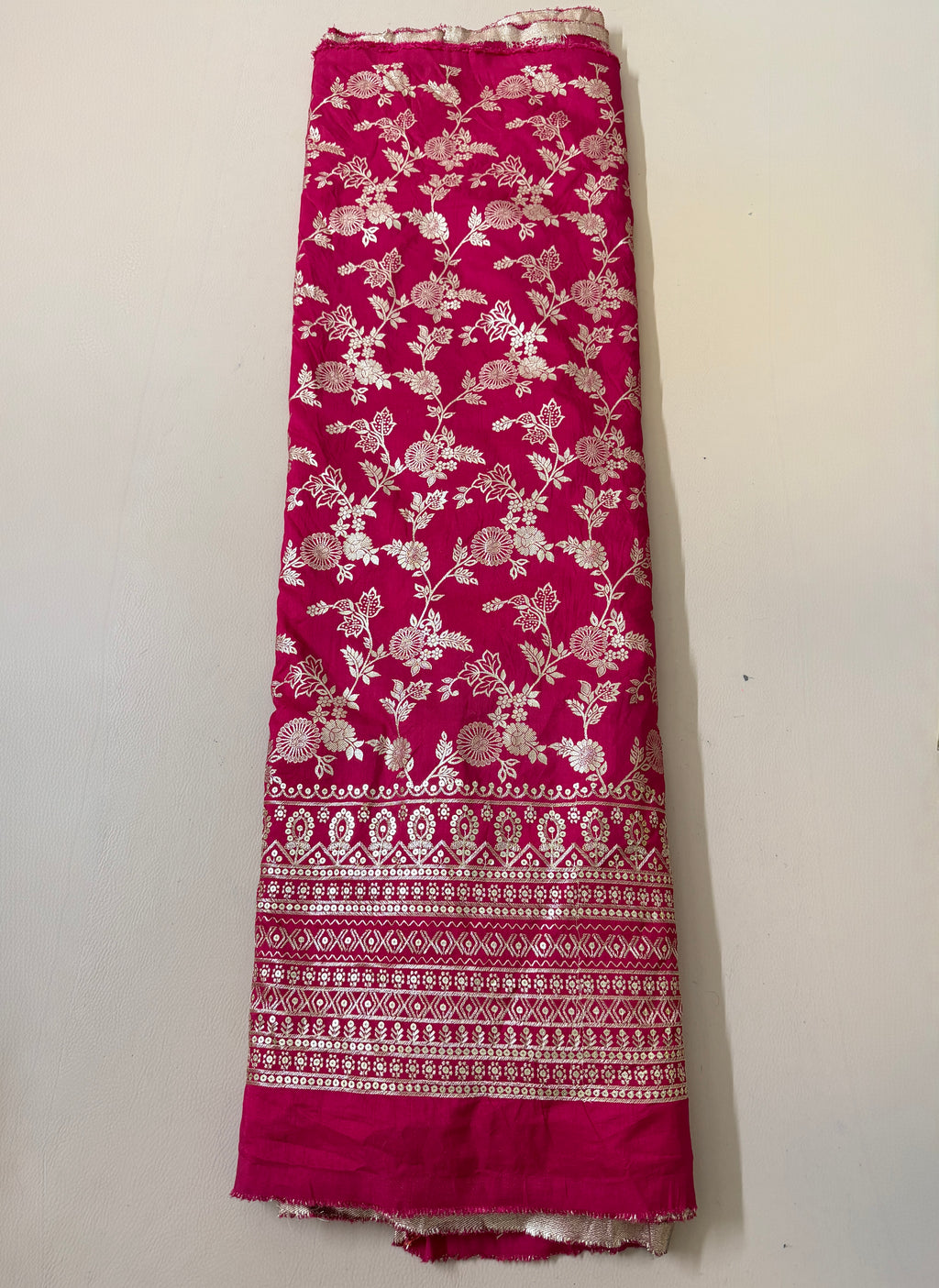Dola Silk Embroidered Fabric | Magenta Floral Brocade with Sequin Border