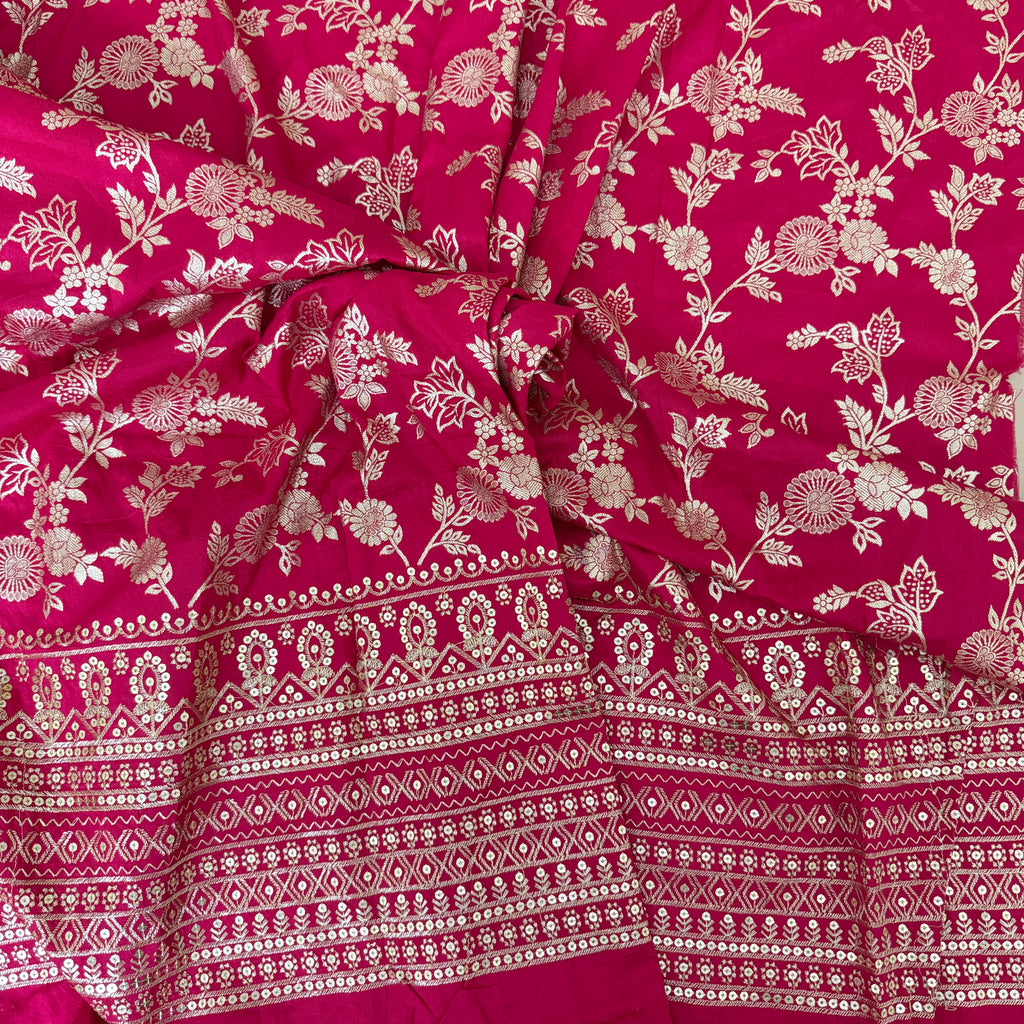 Dola Silk Embroidered Fabric | Magenta Floral Brocade with Sequin Border