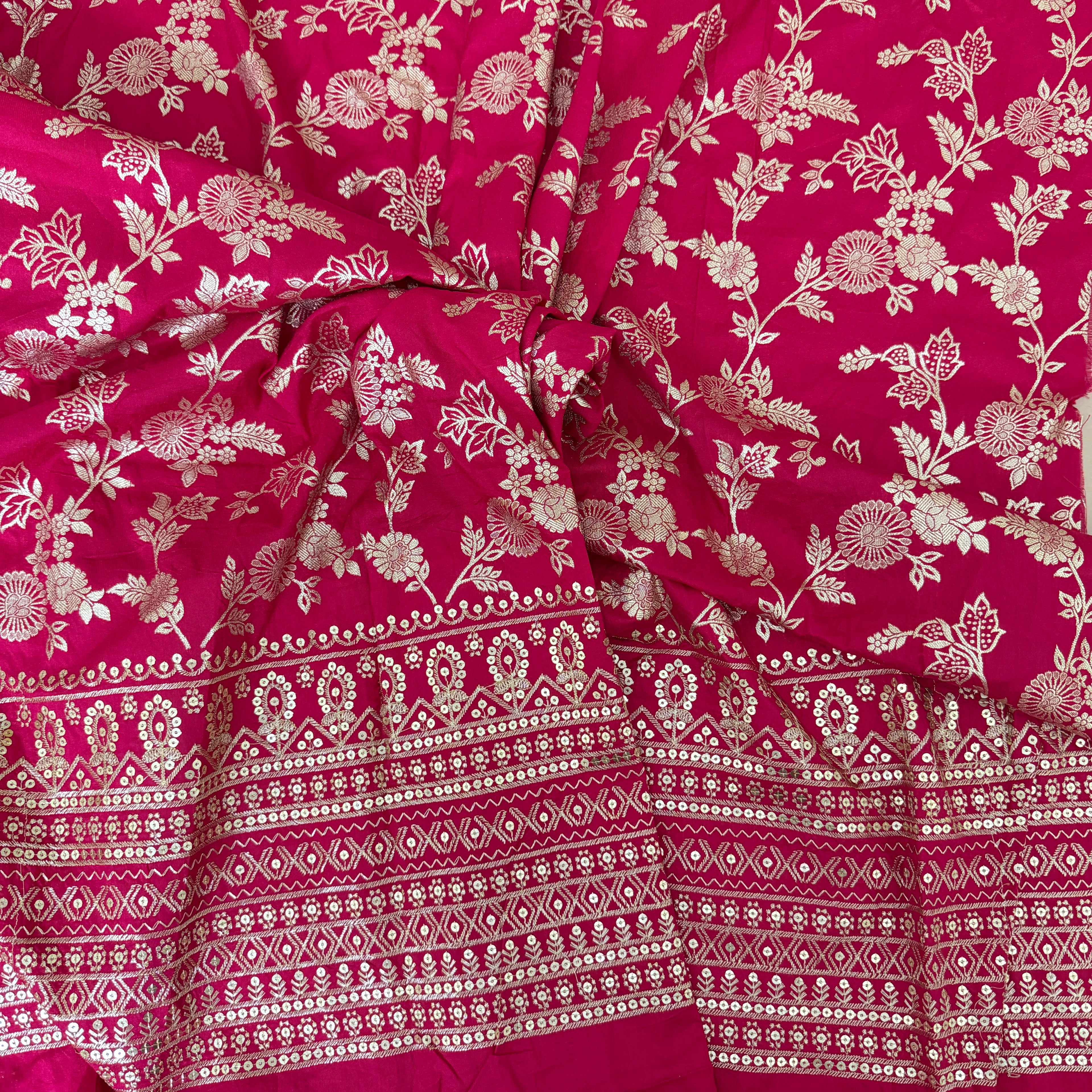 Dola Silk Embroidered Fabric | Magenta Floral Brocade with Sequin Border