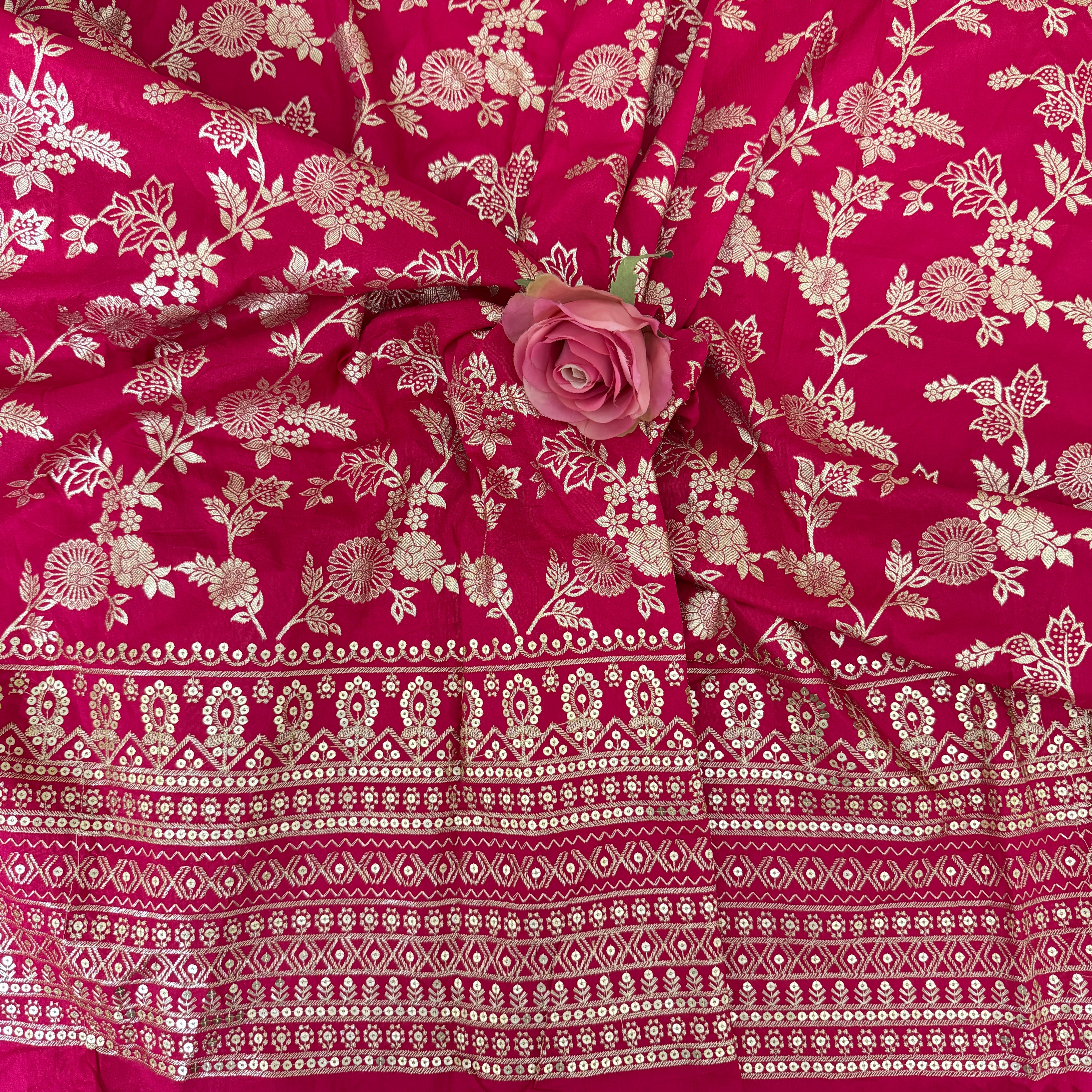 Dola Silk Embroidered Fabric | Magenta Floral Brocade with Sequin Border