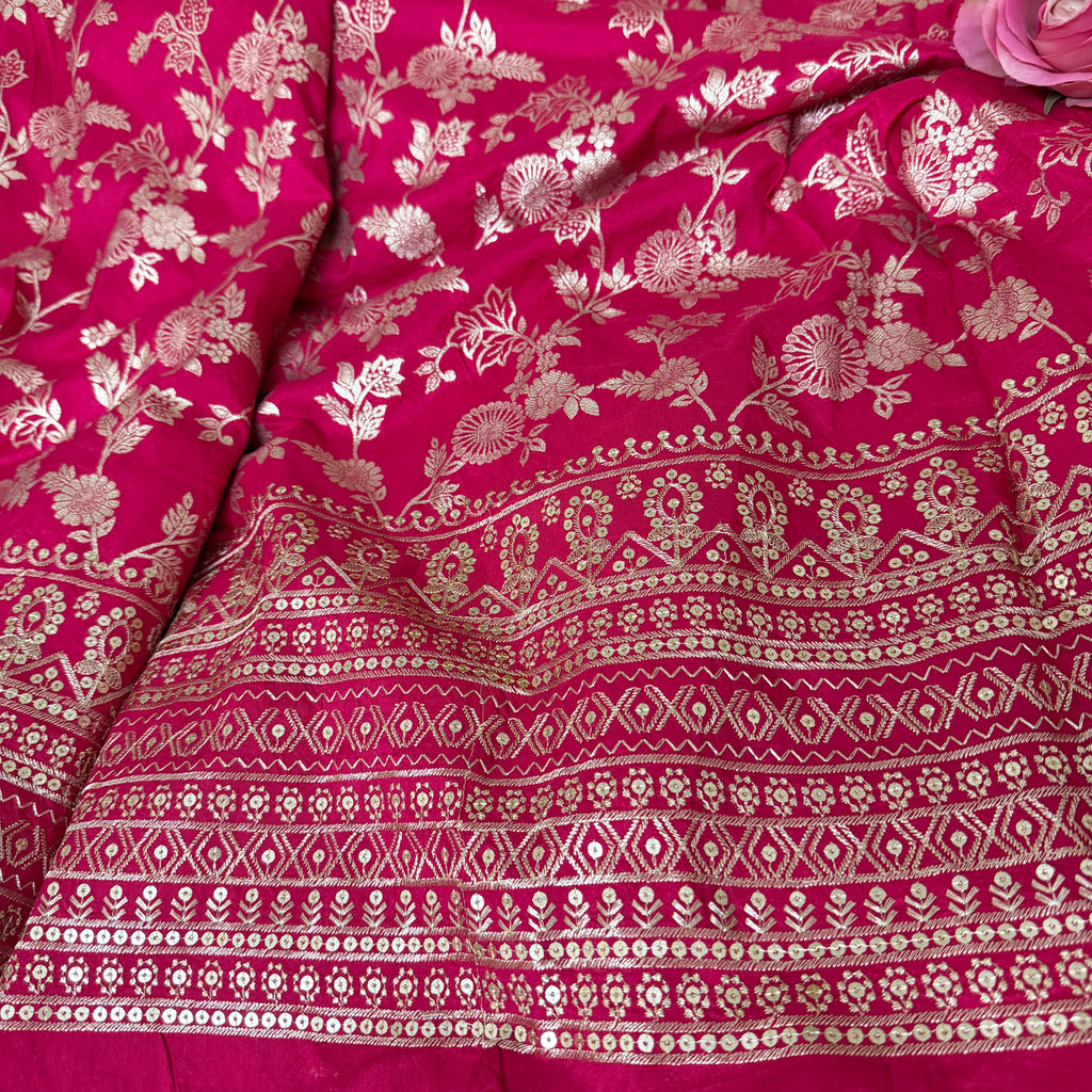 Dola Silk Embroidered Fabric | Magenta Floral Brocade with Sequin Border