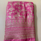 Dola Silk Embroidered Fabric | Dusty Pink Floral Brocade with Sequin Border