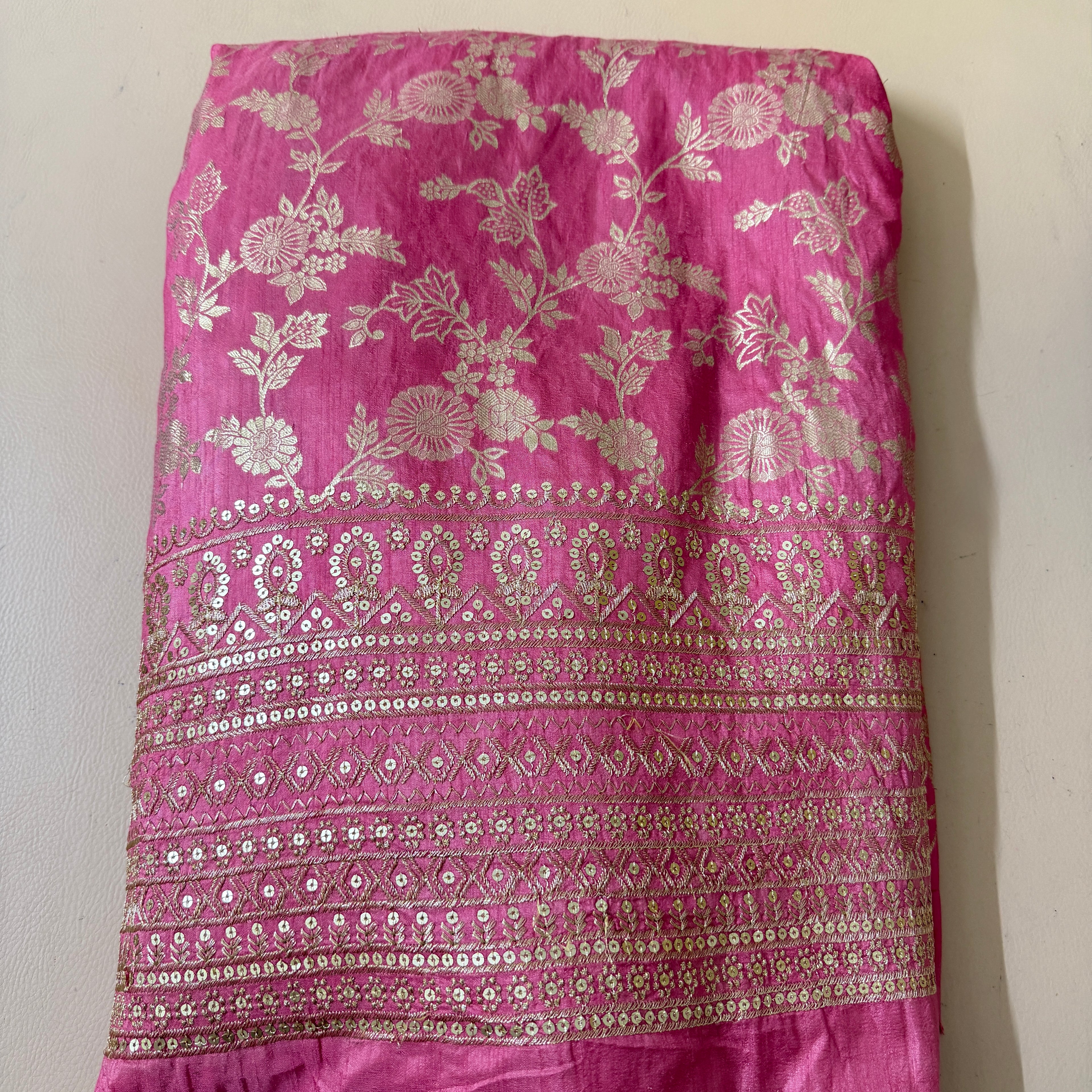 Dola Silk Embroidered Fabric | Dusty Pink Floral Brocade with Sequin Border