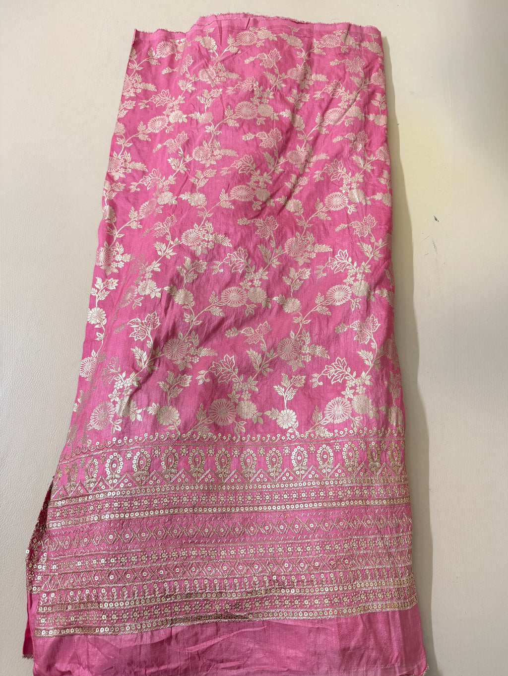 Dola Silk Embroidered Fabric | Dusty Pink Floral Brocade with Sequin Border