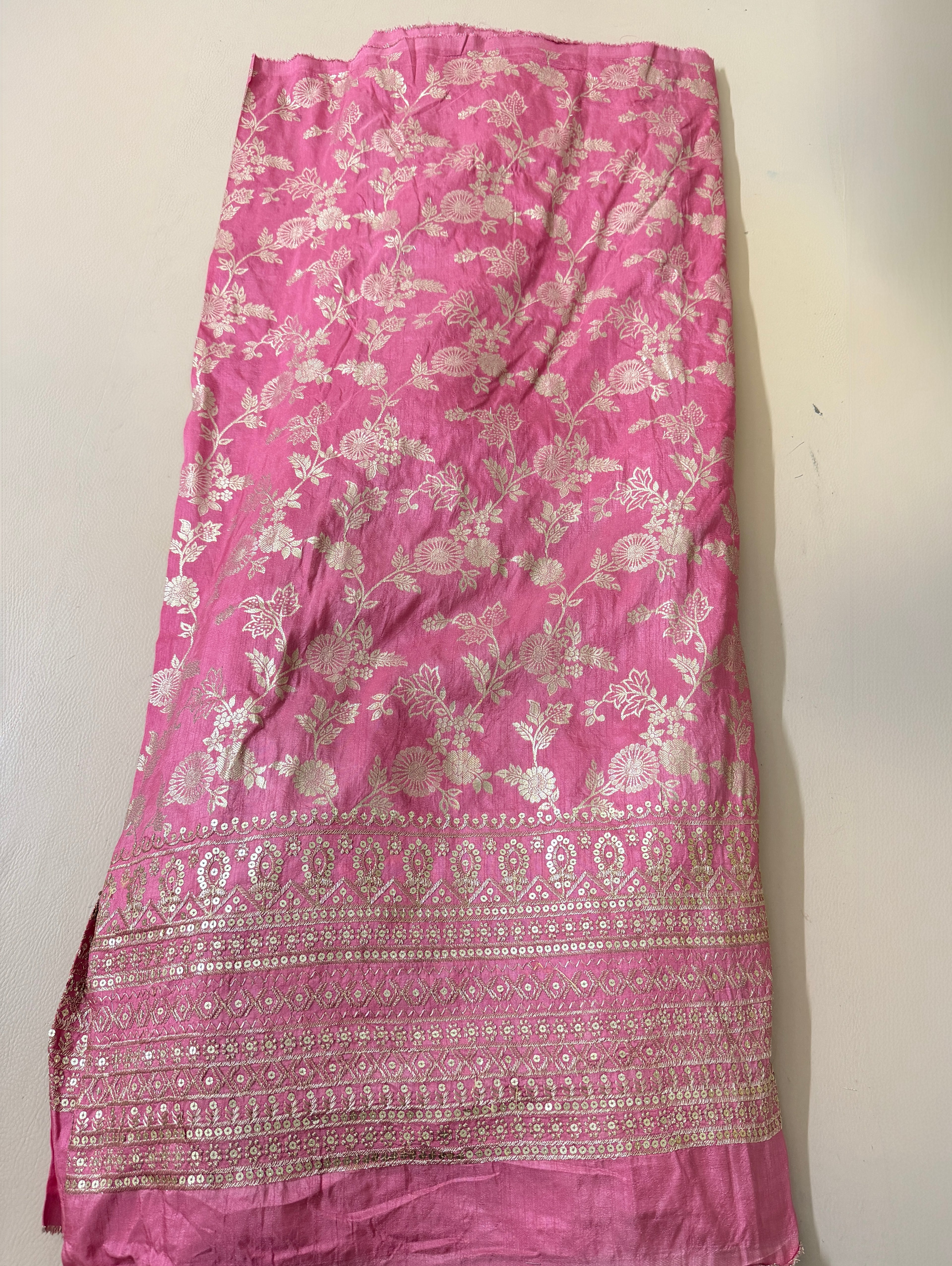 Dola Silk Embroidered Fabric | Dusty Pink Floral Brocade with Sequin Border