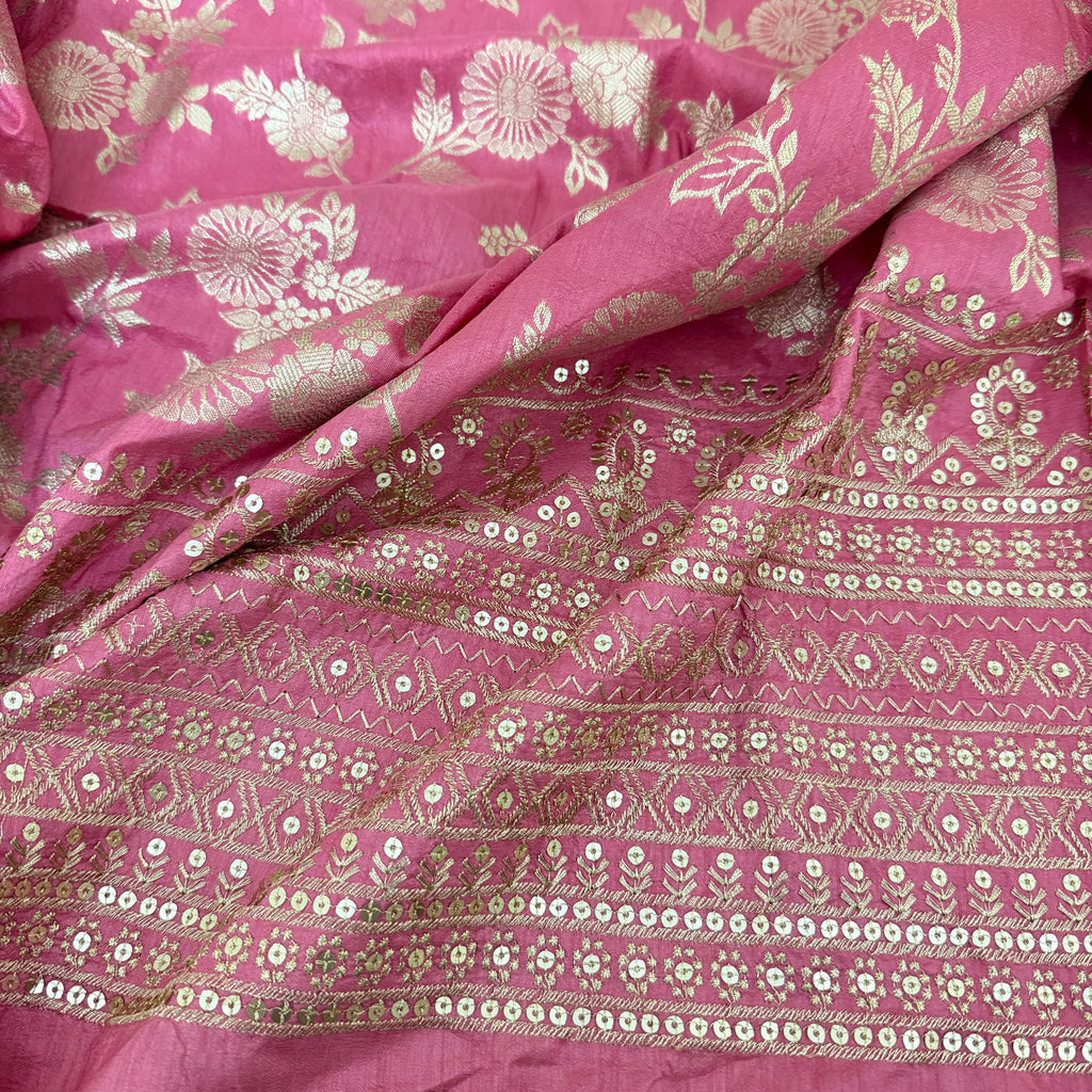 Dola Silk Embroidered Fabric | Dusty Pink Floral Brocade with Sequin Border