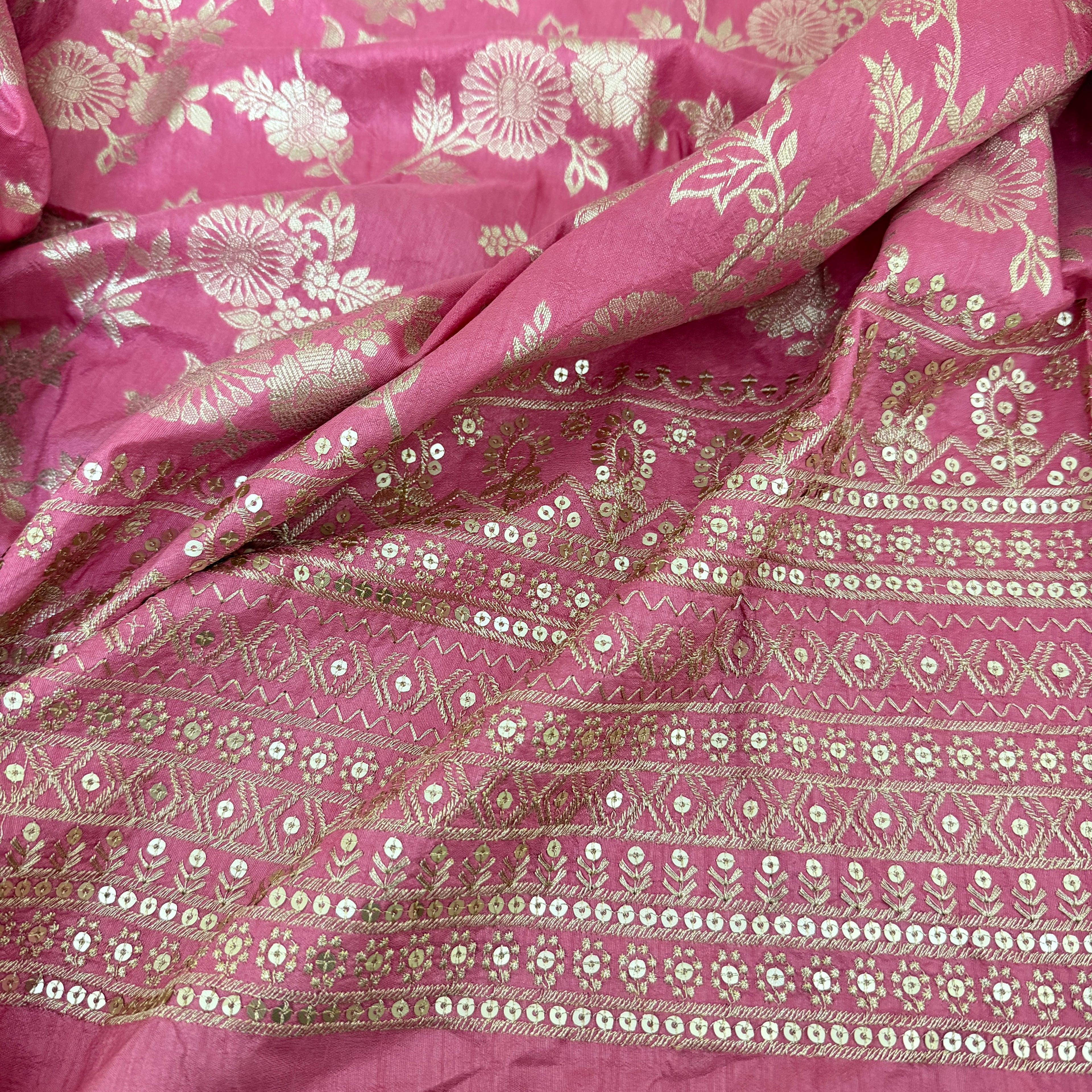 Dola Silk Embroidered Fabric | Dusty Pink Floral Brocade with Sequin Border