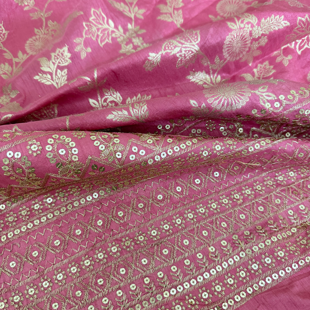 Dola Silk Embroidered Fabric | Dusty Pink Floral Brocade with Sequin Border