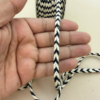 Hand holding a black and white striped cord against a neutral background