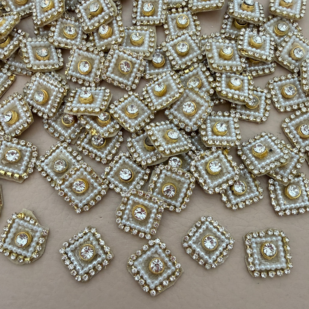 Gold Crystal Pearl Square Embellishment Buttons | Pack of 25
