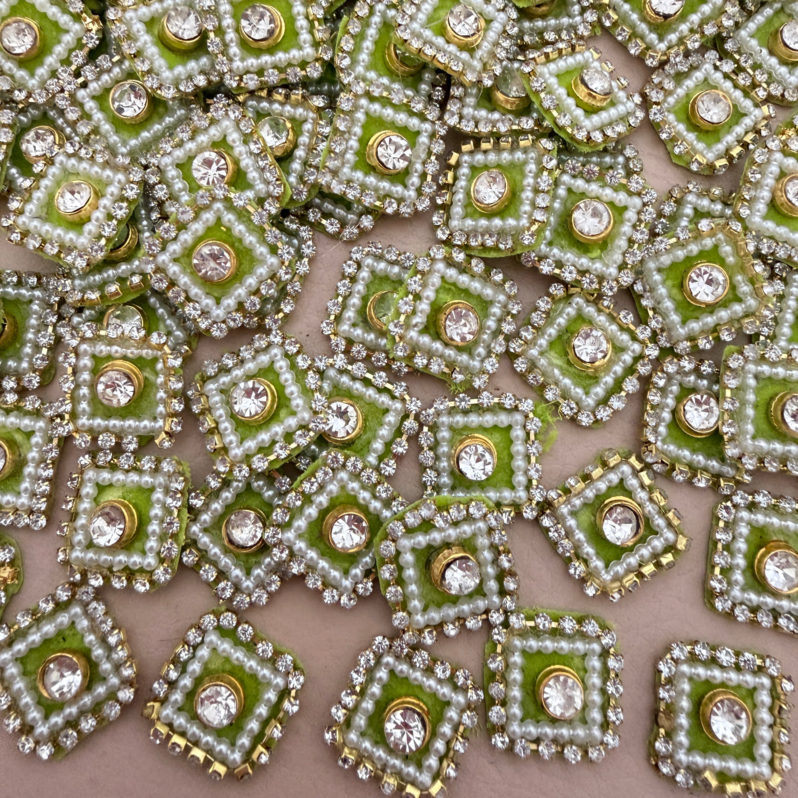 Olive Green Square Crystal Pearl Rhinestone Embellishment Patches | Pack of 25