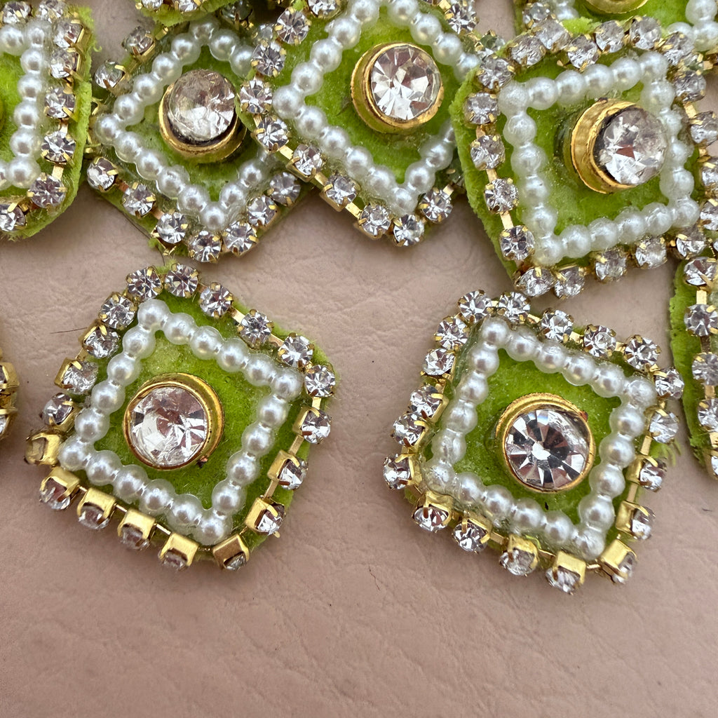 Olive Green Square Crystal Pearl Rhinestone Embellishment Patches | Pack of 25