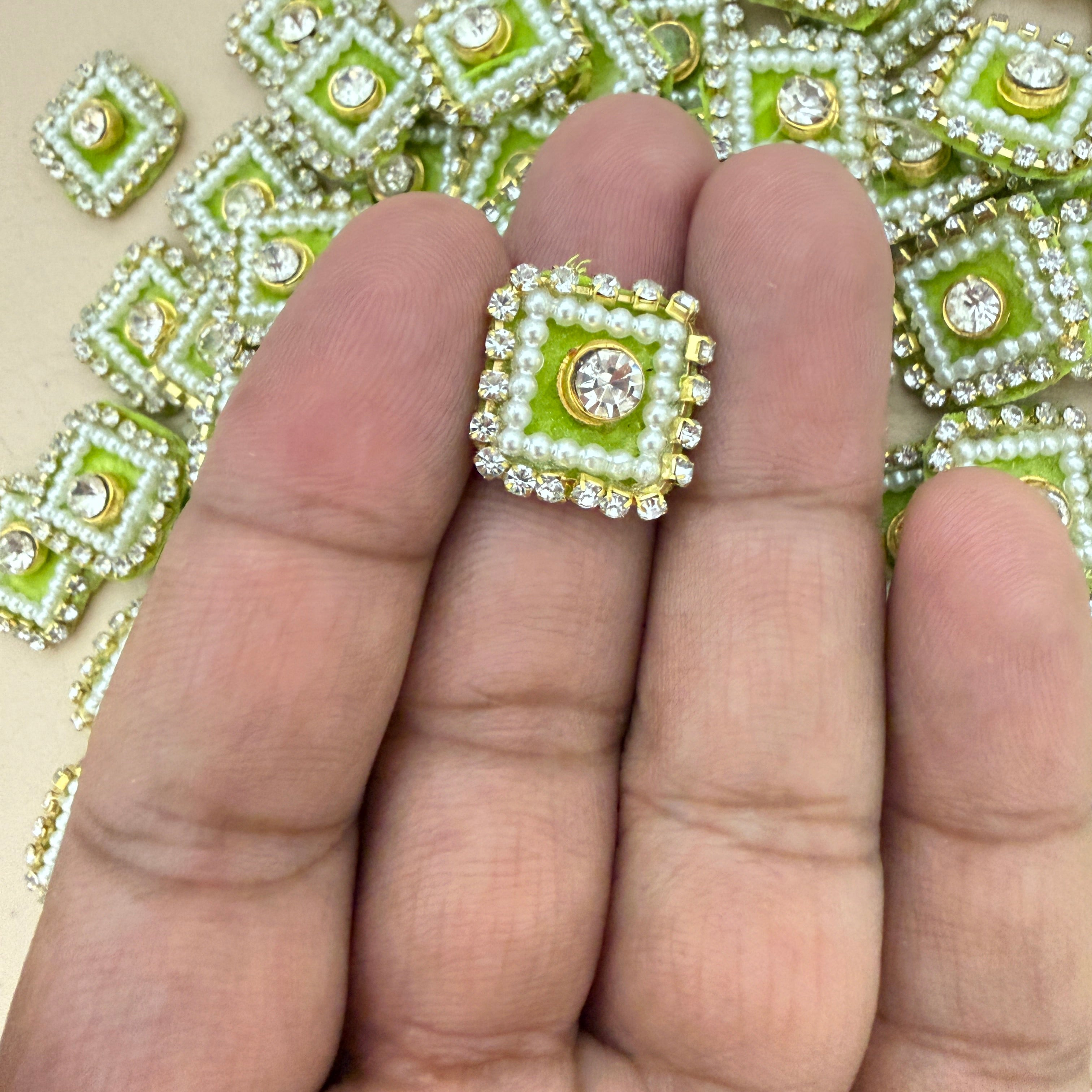 Olive Green Square Crystal Pearl Rhinestone Embellishment Patches | Pack of 25