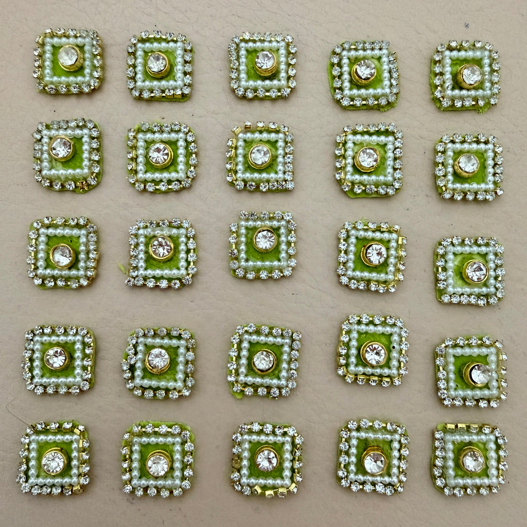 Olive Green Square Crystal Pearl Rhinestone Embellishment Patches | Pack of 25