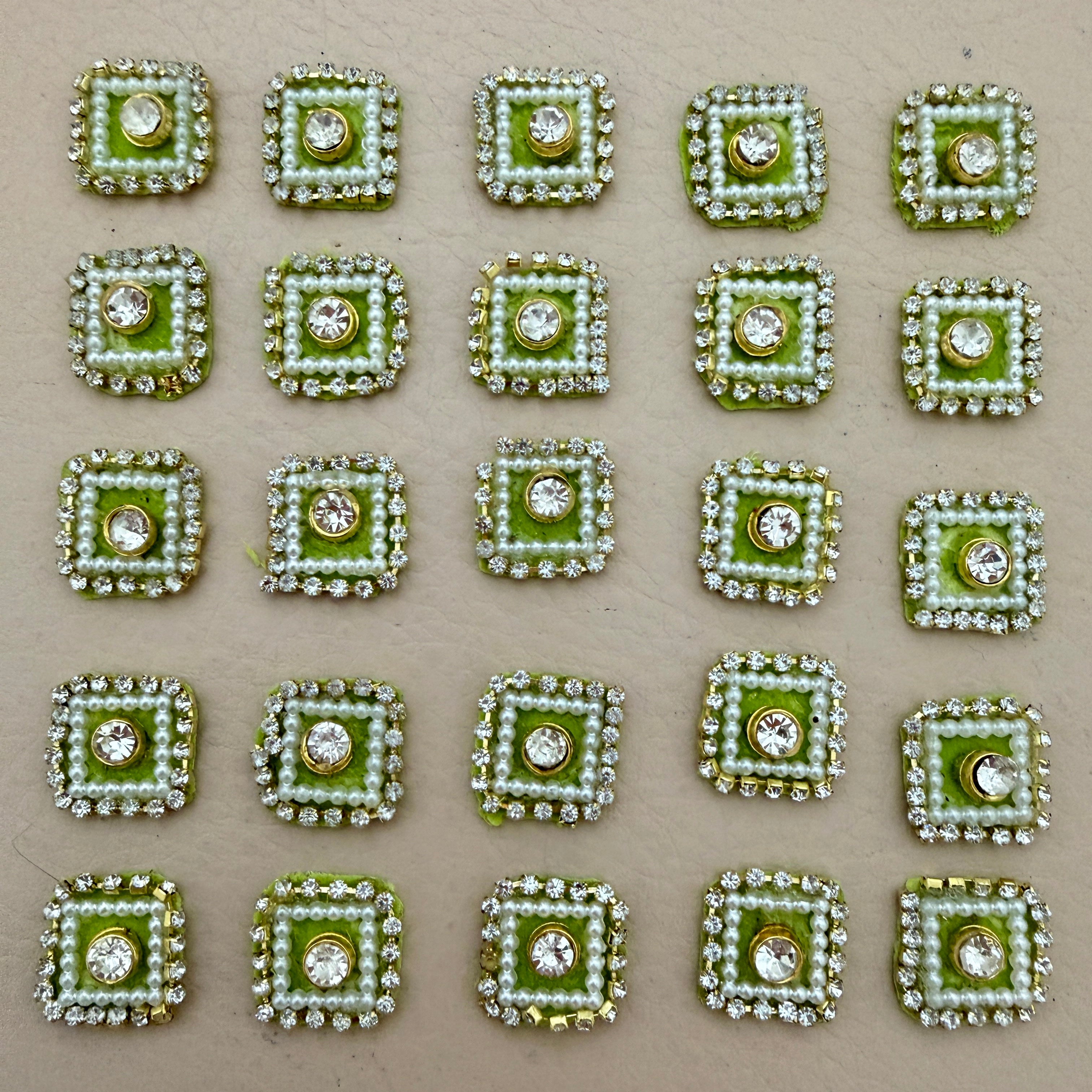 Olive Green Square Crystal Pearl Rhinestone Embellishment Patches | Pack of 25