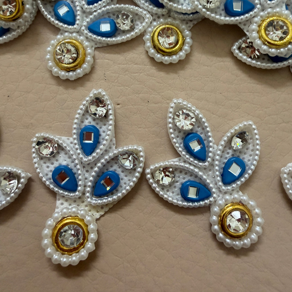 Blue & White Pearl Crystal Leaf Motif Rhinestone Applique Patch – Pack of 25