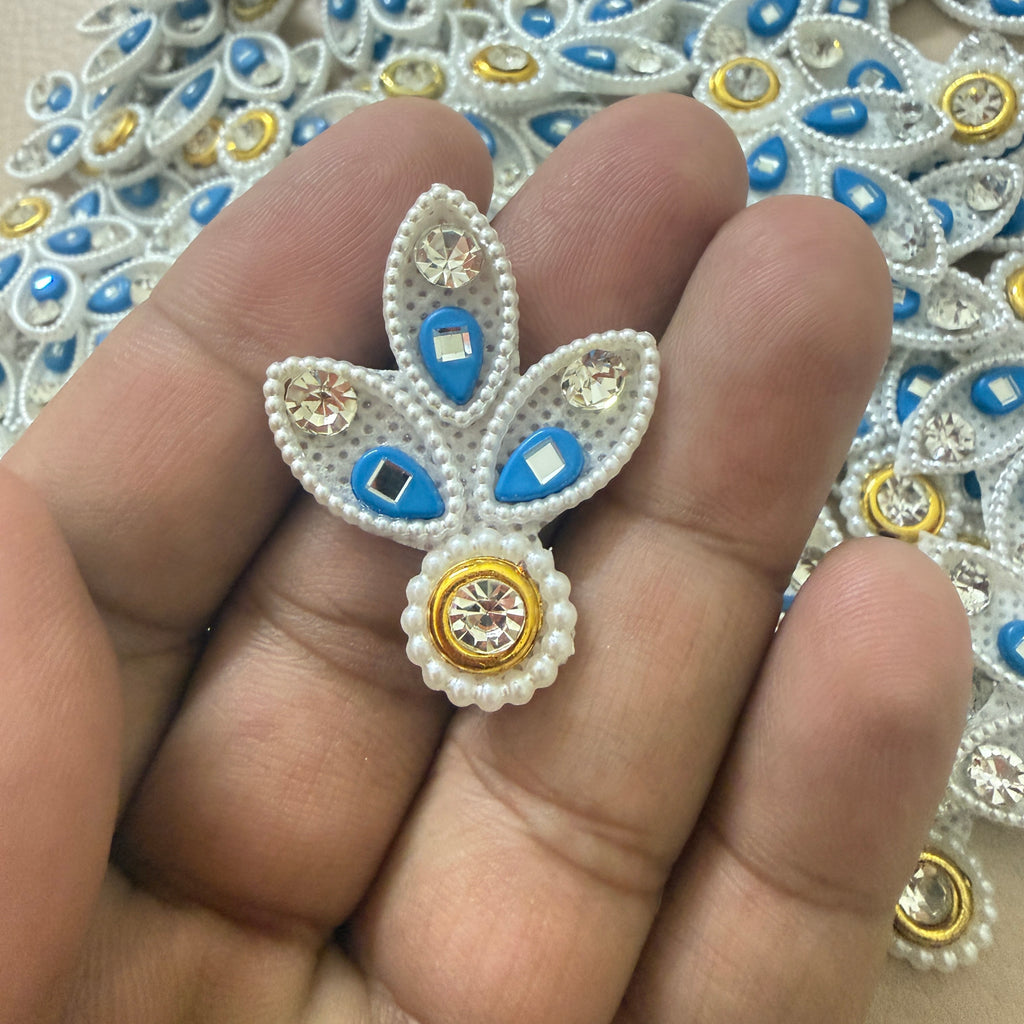 Blue & White Pearl Crystal Leaf Motif Rhinestone Applique Patch – Pack of 25