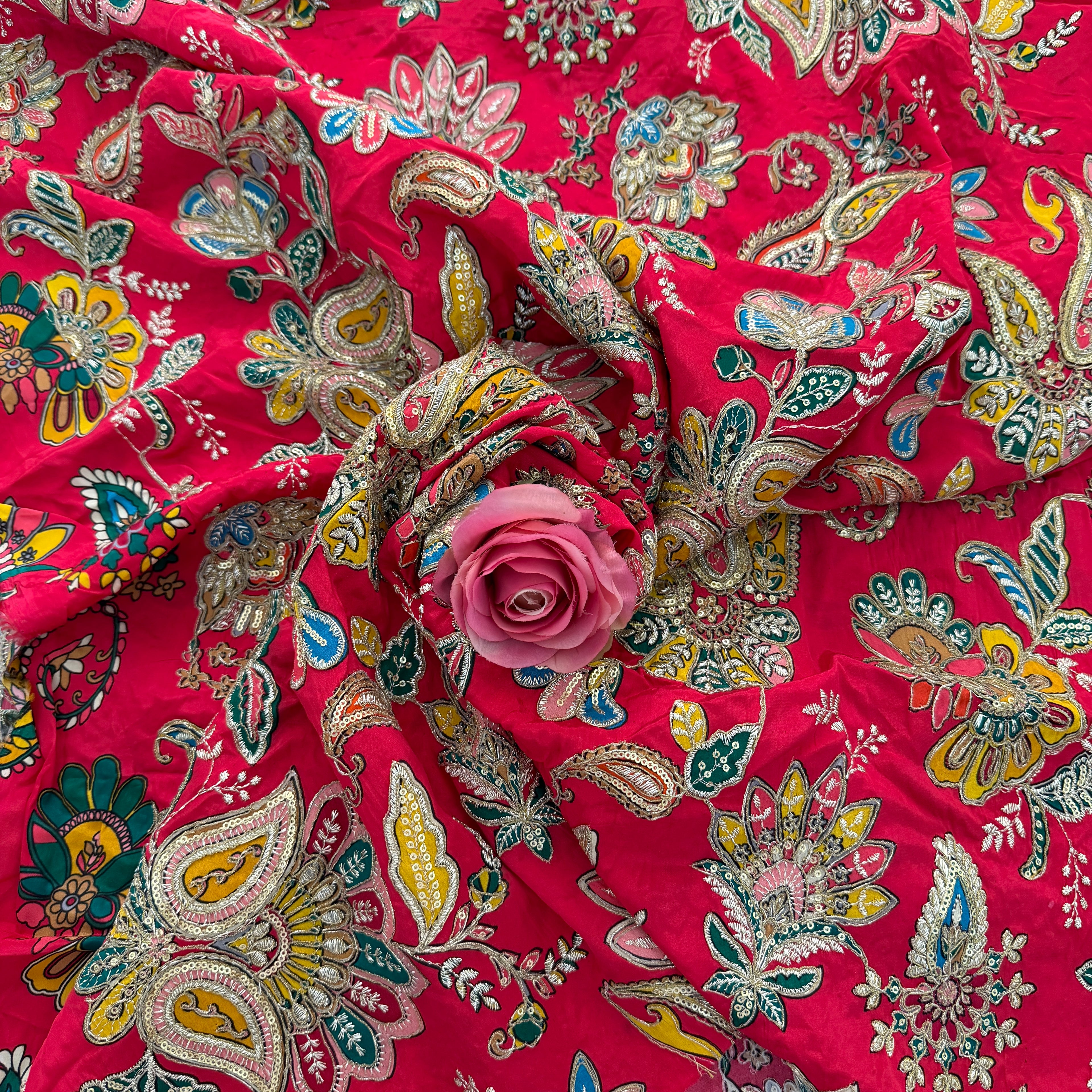 Pink  Dola Silk Embroidered Fabric – 44" Wide | By the Yard