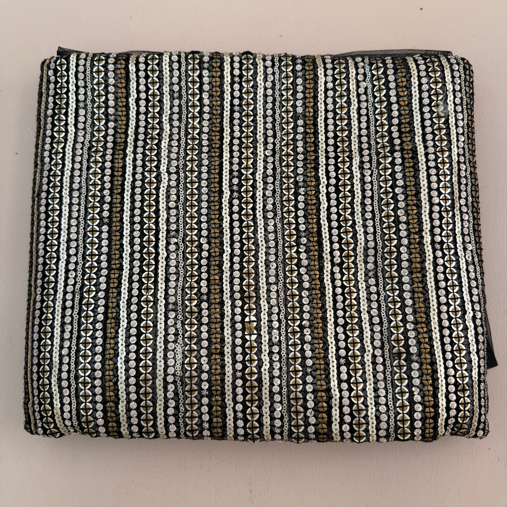 Black & Golden Stripe Sequin Embroidered Fabric – 46" Wide | By the Yard