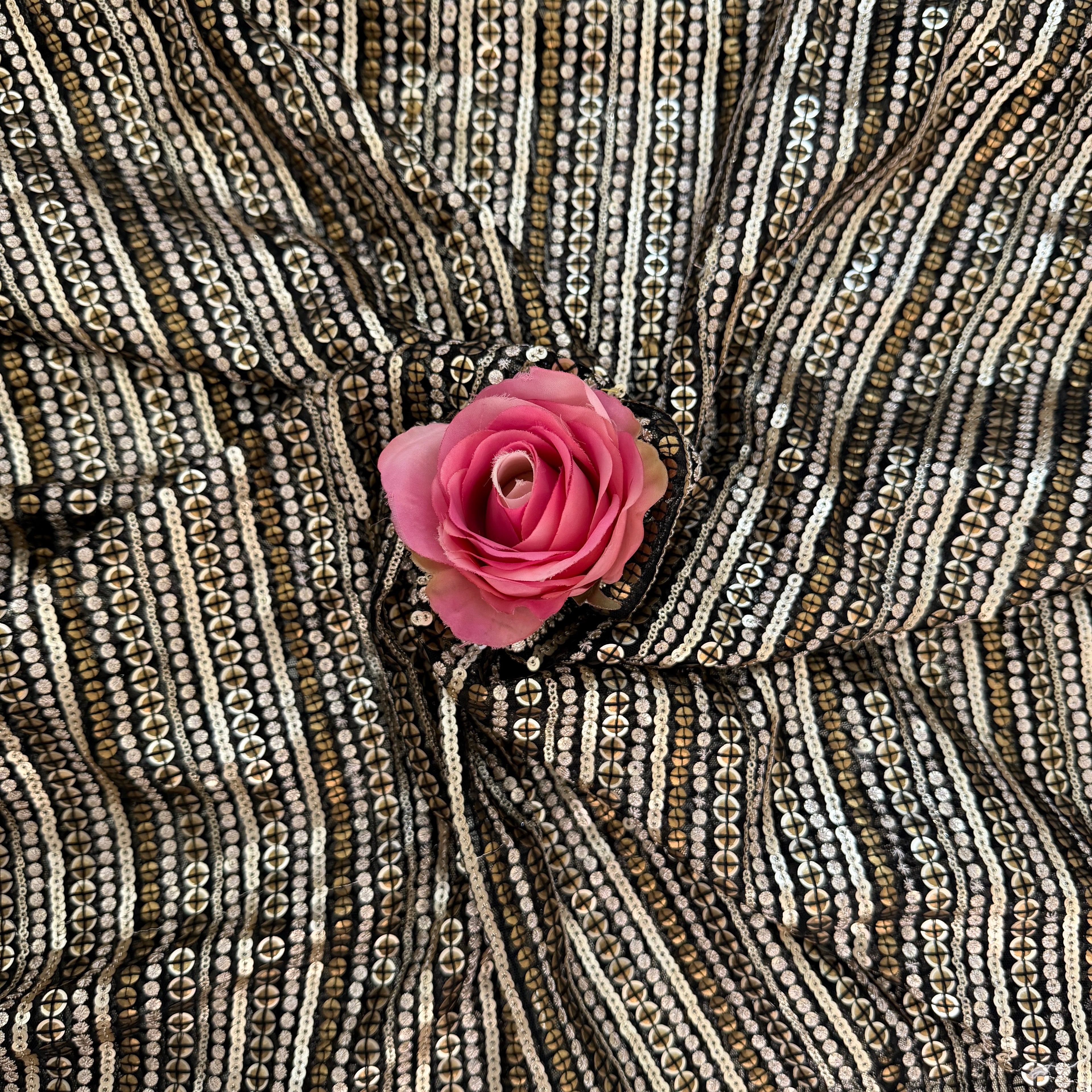 Black & Golden Stripe Sequin Embroidered Fabric – 46" Wide | By the Yard