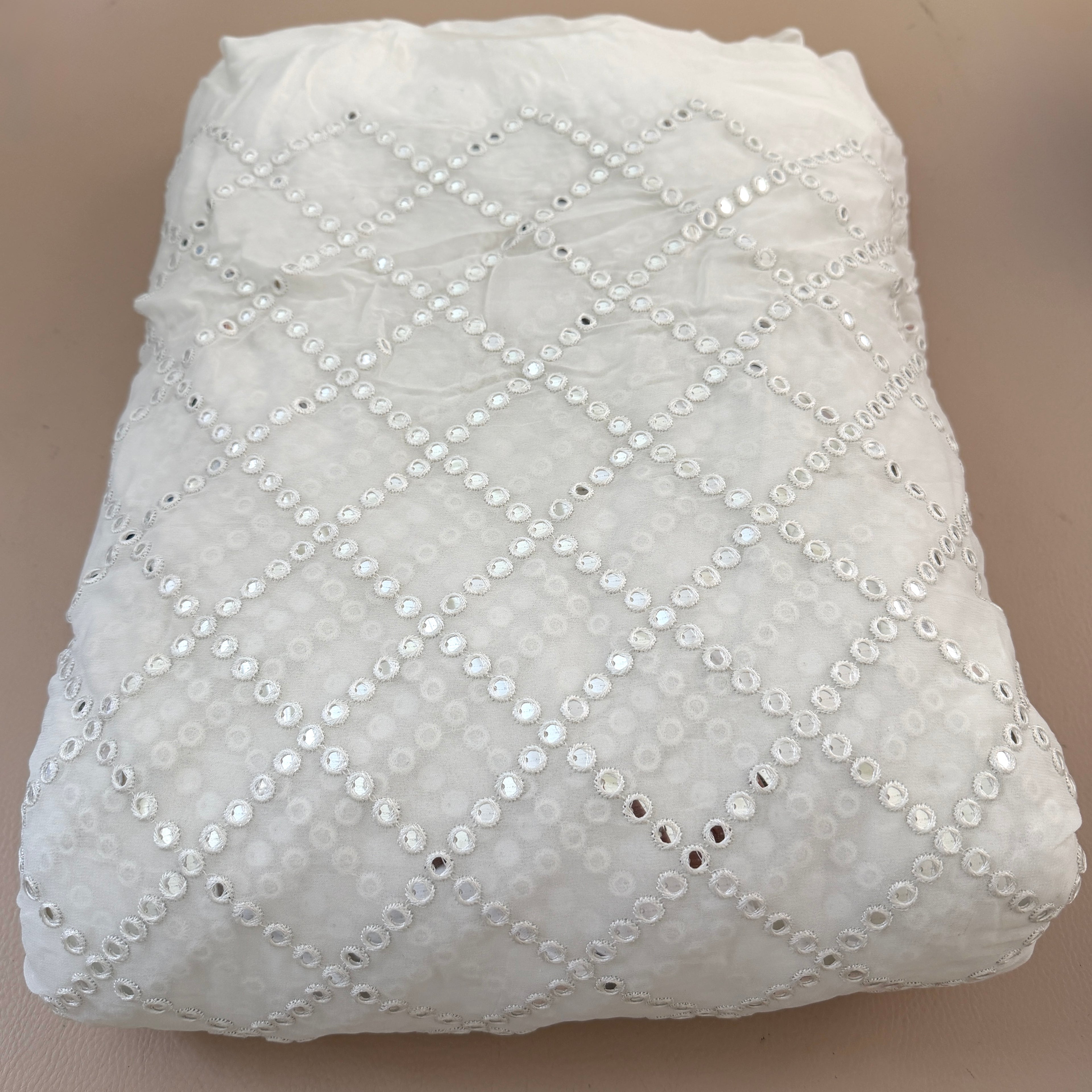 White Mirror Work Embroidered Fabric | 40" Wide