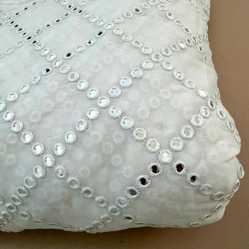White Mirror Work Embroidered Fabric | 40" Wide