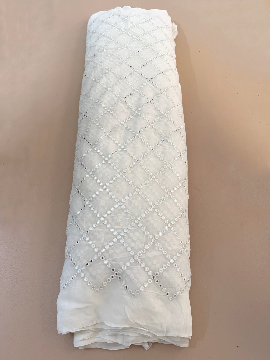 White Mirror Work Embroidered Fabric | 40" Wide