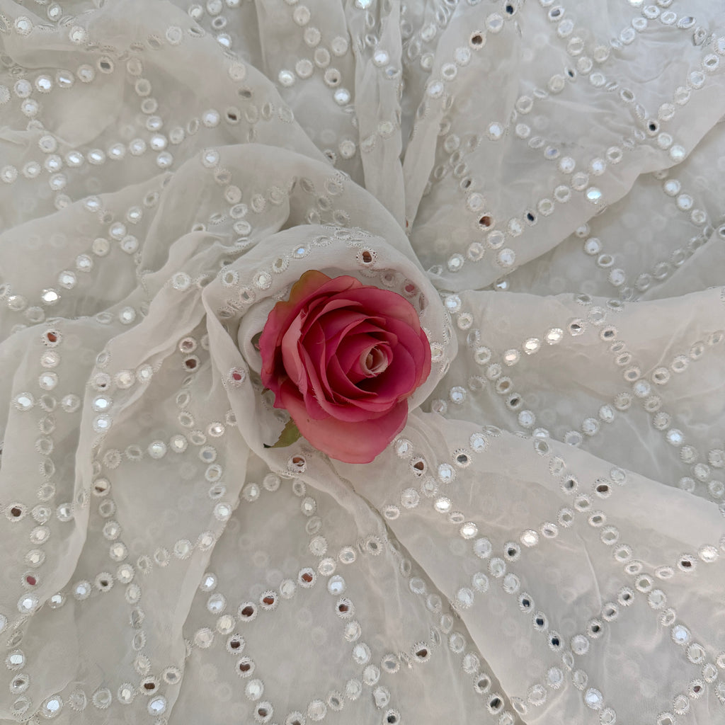 White Mirror Work Embroidered Fabric | 40" Wide