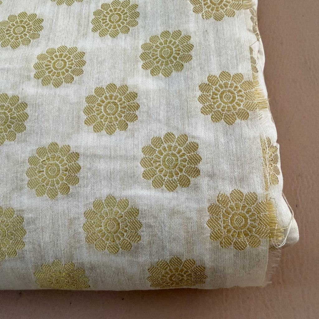 White & Gold Chanderi Silk Fabric | Floral Booti | 42" Wide