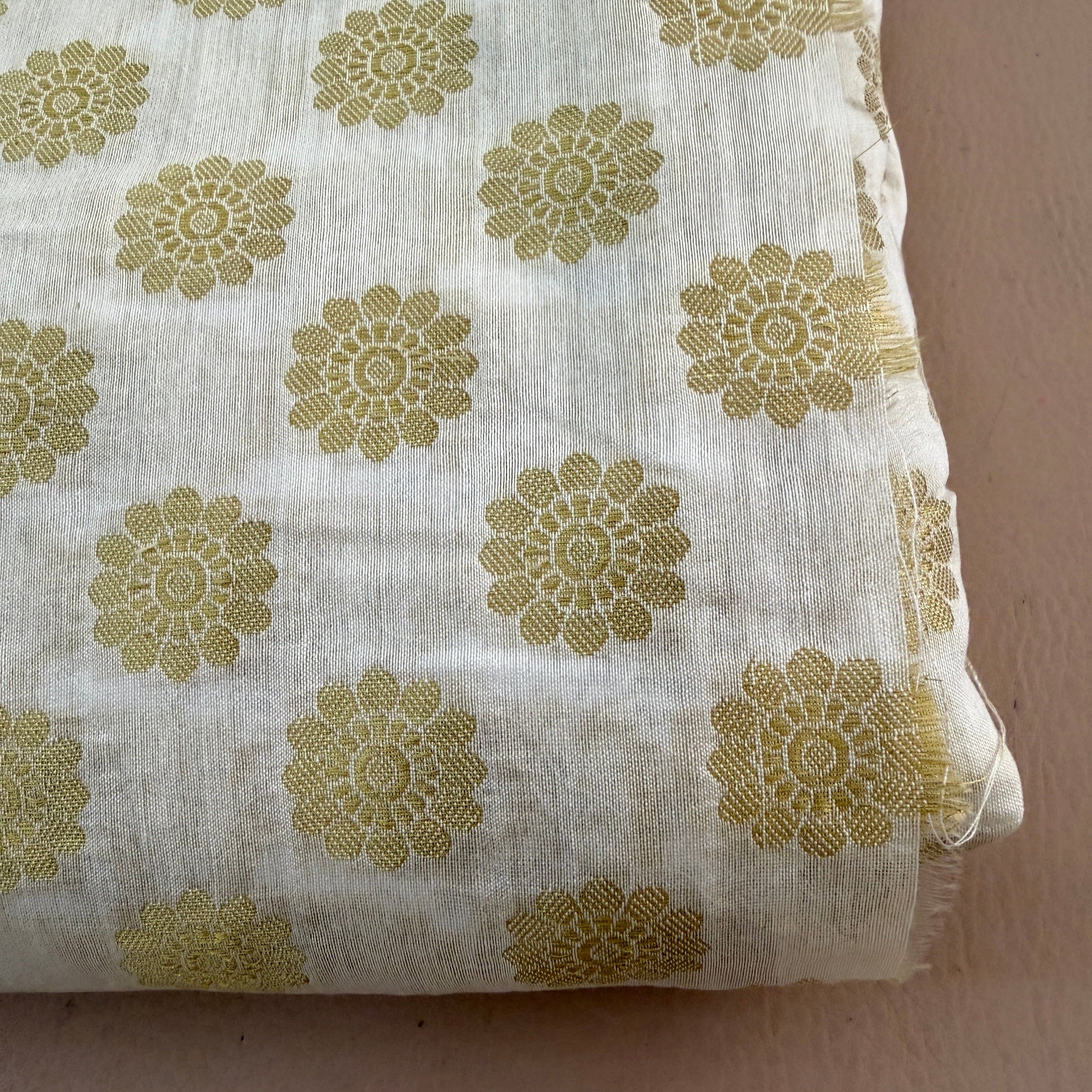 White & Gold Chanderi Silk Fabric | Floral Booti | 42" Wide