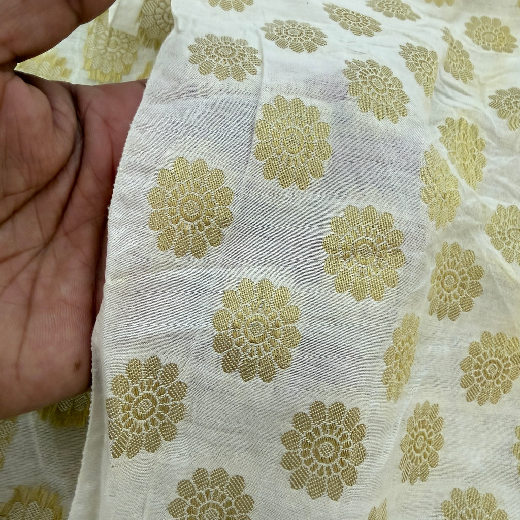 White & Gold Chanderi Silk Fabric | Floral Booti | 42" Wide
