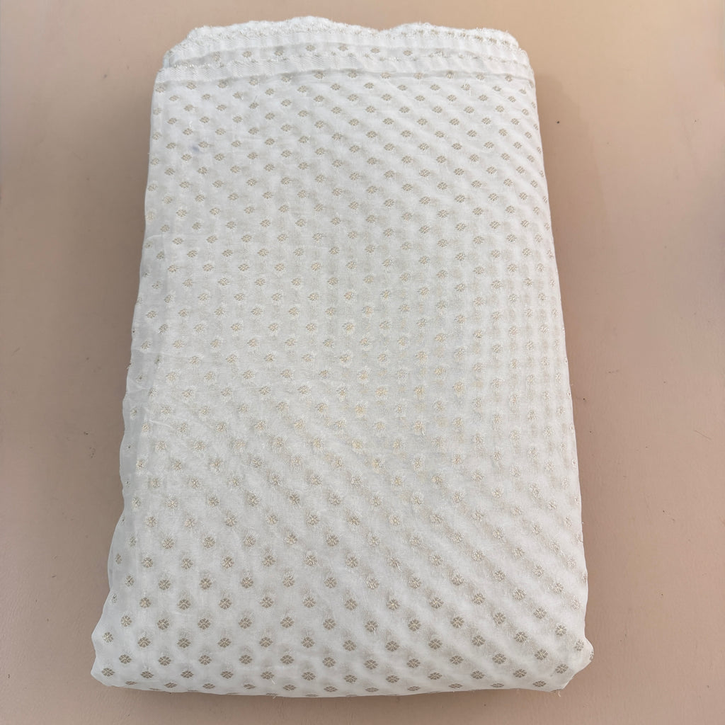 White Rose Gold Zari Booti Chiffon Fabric | Scattered Leaf Motif | 42" Wide