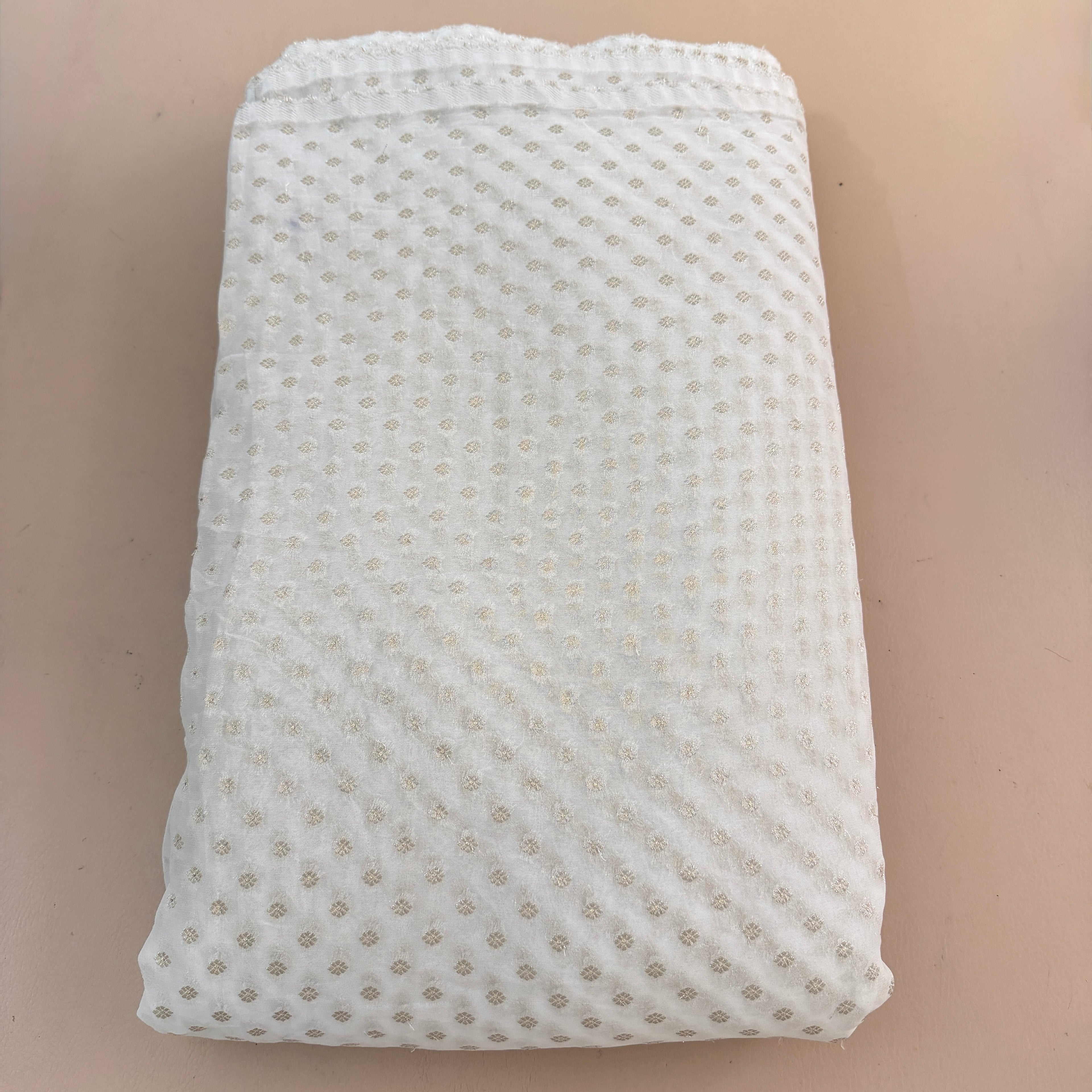 White Rose Gold Zari Booti Chiffon Fabric | Scattered Leaf Motif | 42" Wide