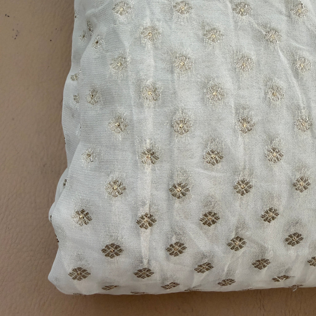 White Rose Gold Zari Booti Chiffon Fabric | Scattered Leaf Motif | 42" Wide