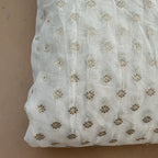 White Rose Gold Zari Booti Chiffon Fabric | Scattered Leaf Motif | 42" Wide