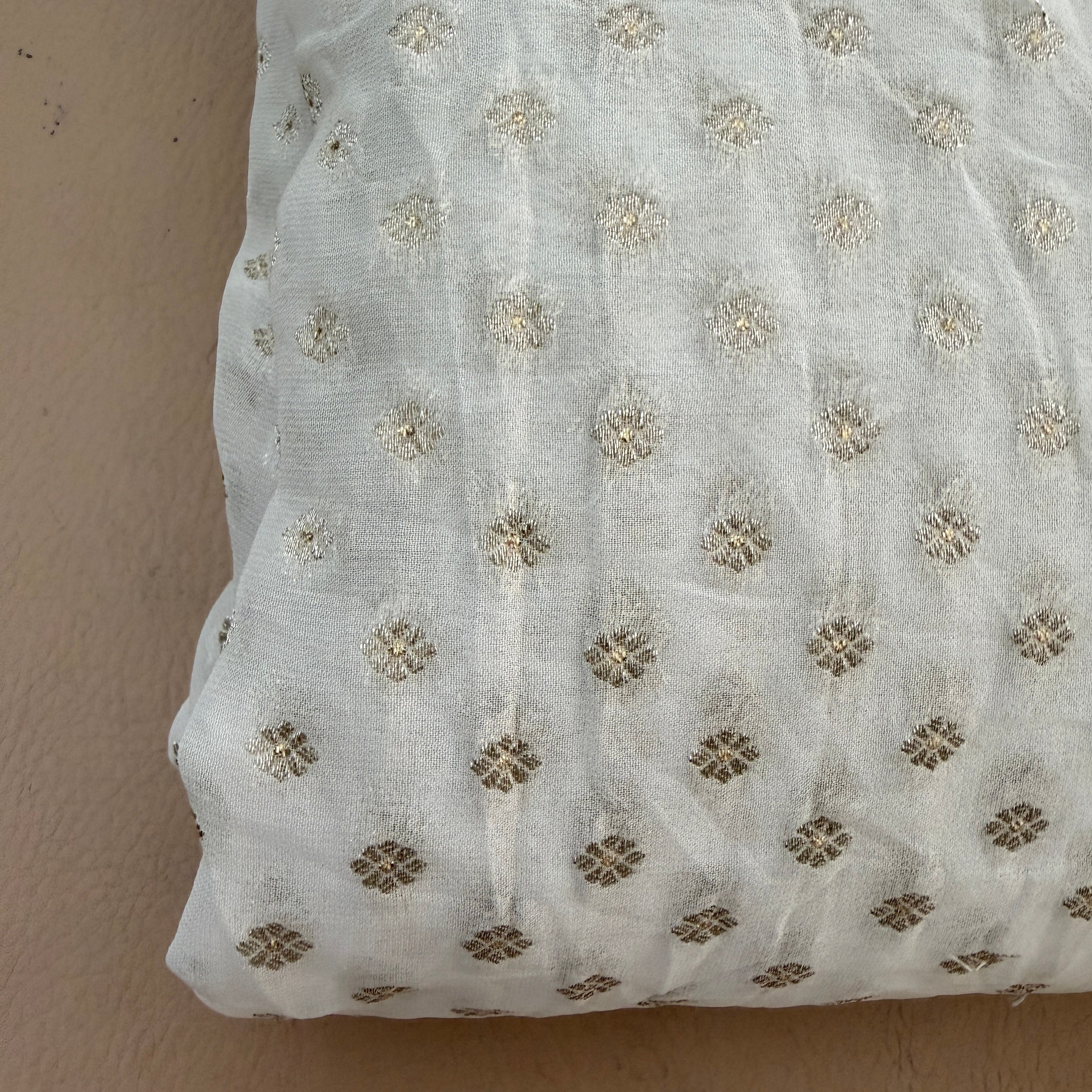 White Rose Gold Zari Booti Chiffon Fabric | Scattered Leaf Motif | 42" Wide