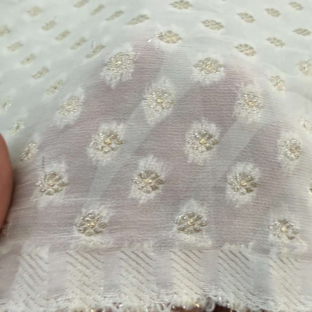 White Rose Gold Zari Booti Chiffon Fabric | Scattered Leaf Motif | 42" Wide