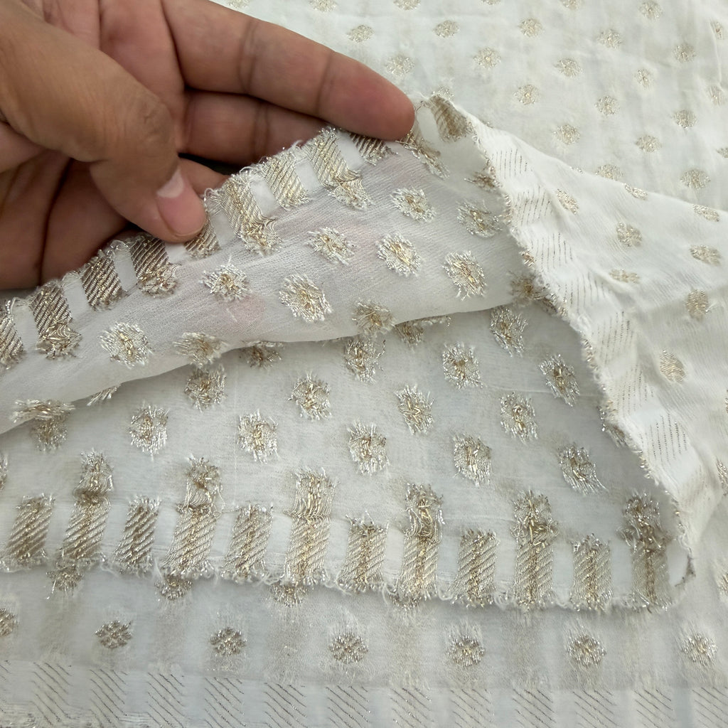 White Rose Gold Zari Booti Chiffon Fabric | Scattered Leaf Motif | 42" Wide