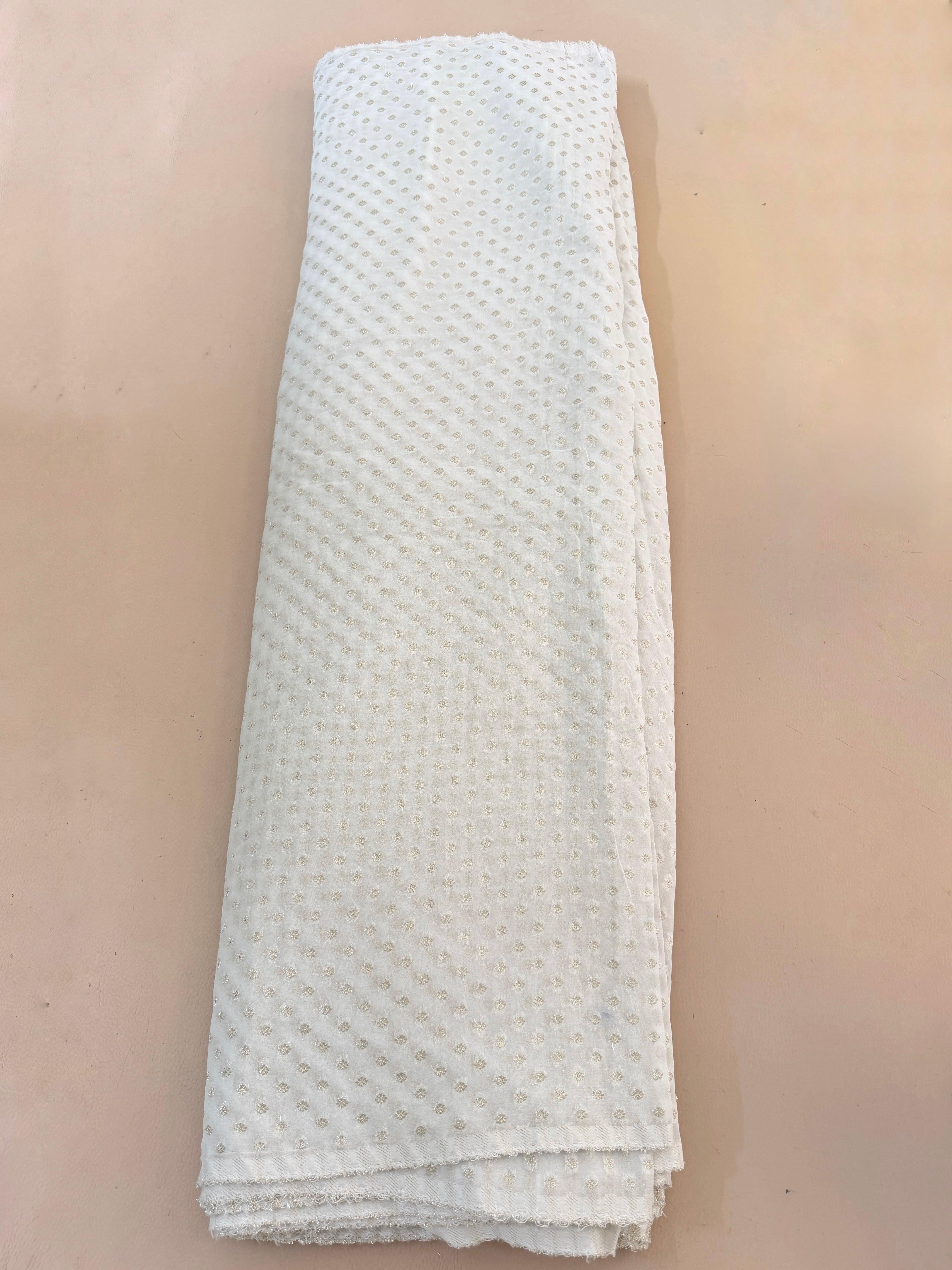 White Rose Gold Zari Booti Chiffon Fabric | Scattered Leaf Motif | 42" Wide