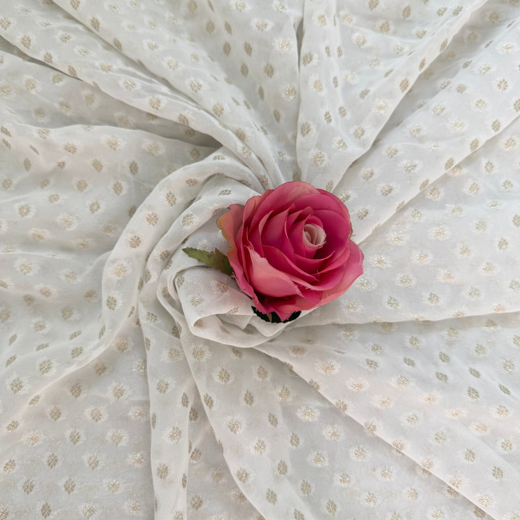 White Rose Gold Zari Booti Chiffon Fabric | Scattered Leaf Motif | 42" Wide