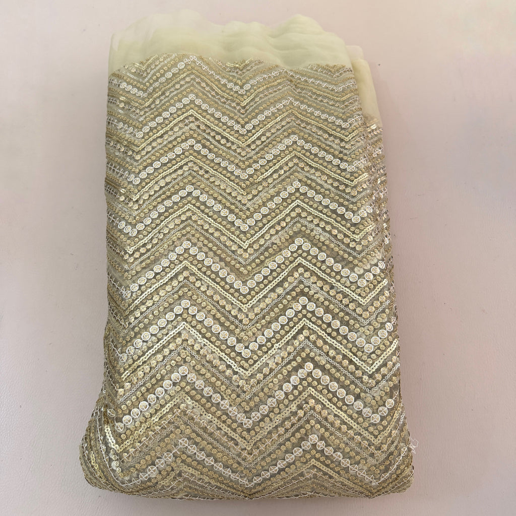 Zigzag Sequin Net Lace Fabric – Gold Chevron Embroidery | 46" Width