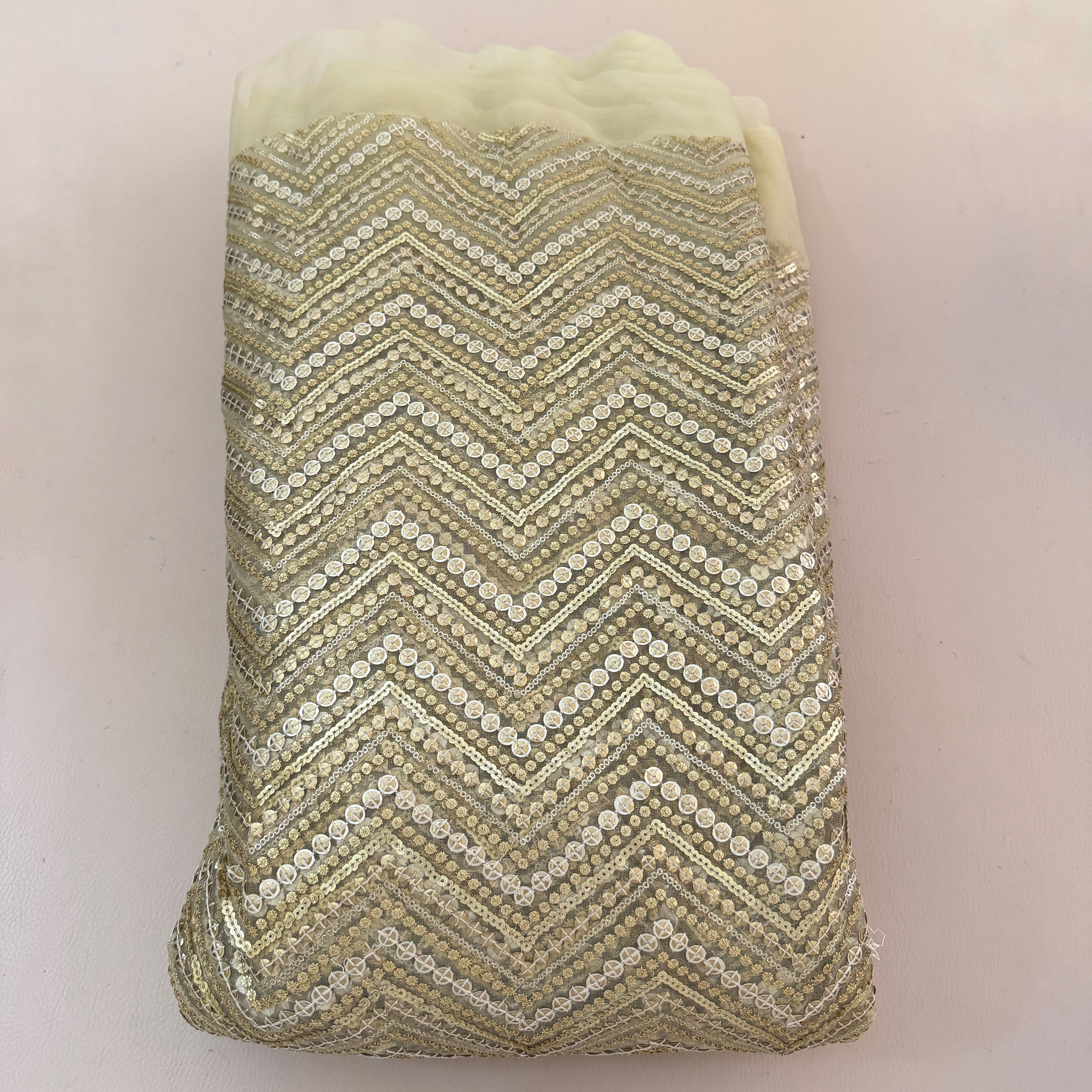 Zigzag Sequin Net Lace Fabric – Gold Chevron Embroidery | 46" Width