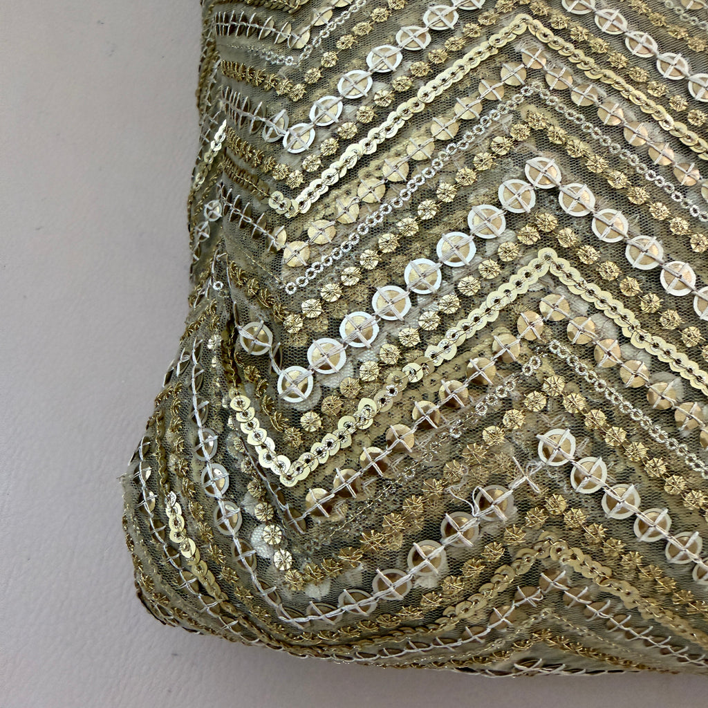 Zigzag Sequin Net Lace Fabric – Gold Chevron Embroidery | 46" Width