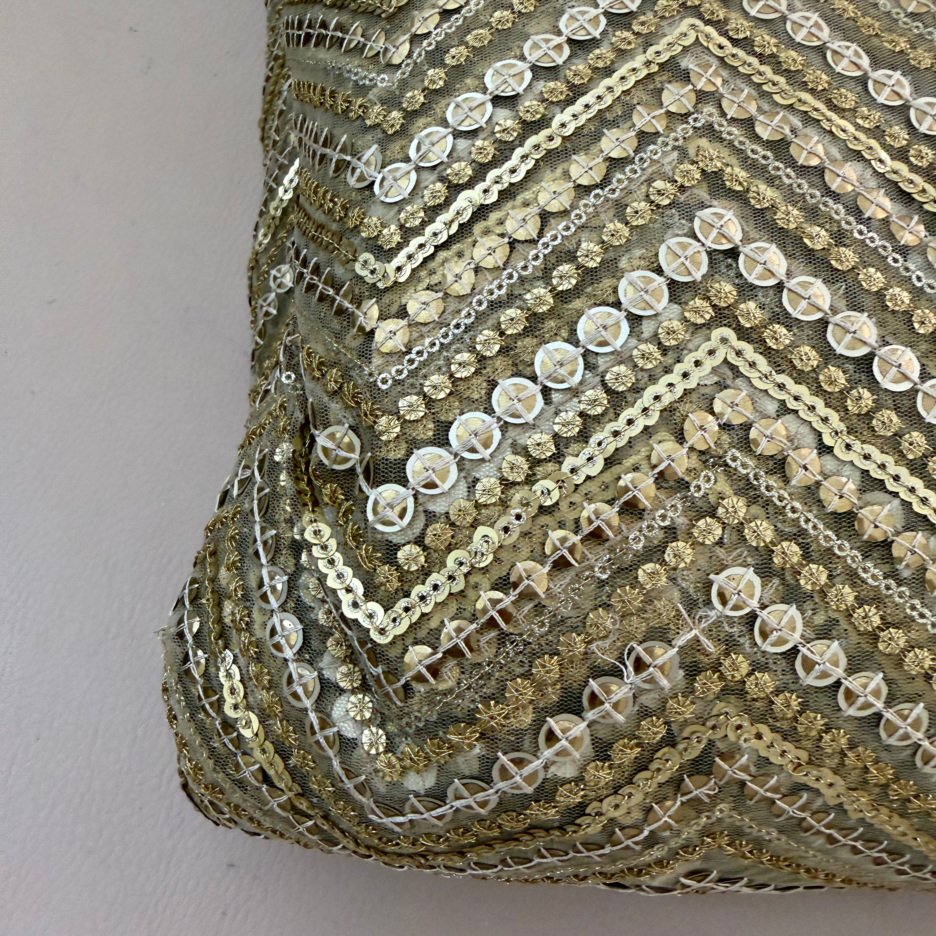 Zigzag Sequin Net Lace Fabric – Gold Chevron Embroidery | 46" Width