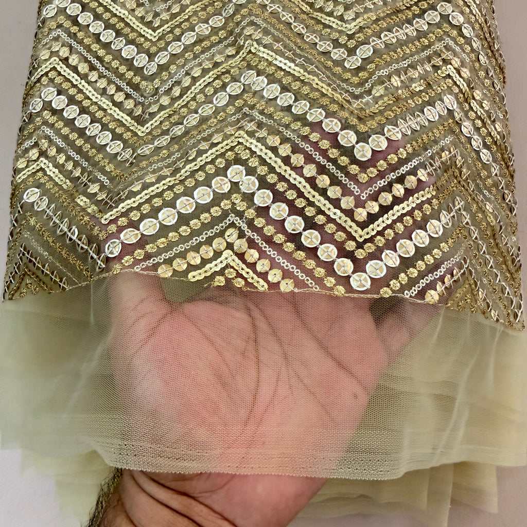 Zigzag Sequin Net Lace Fabric – Gold Chevron Embroidery | 46" Width