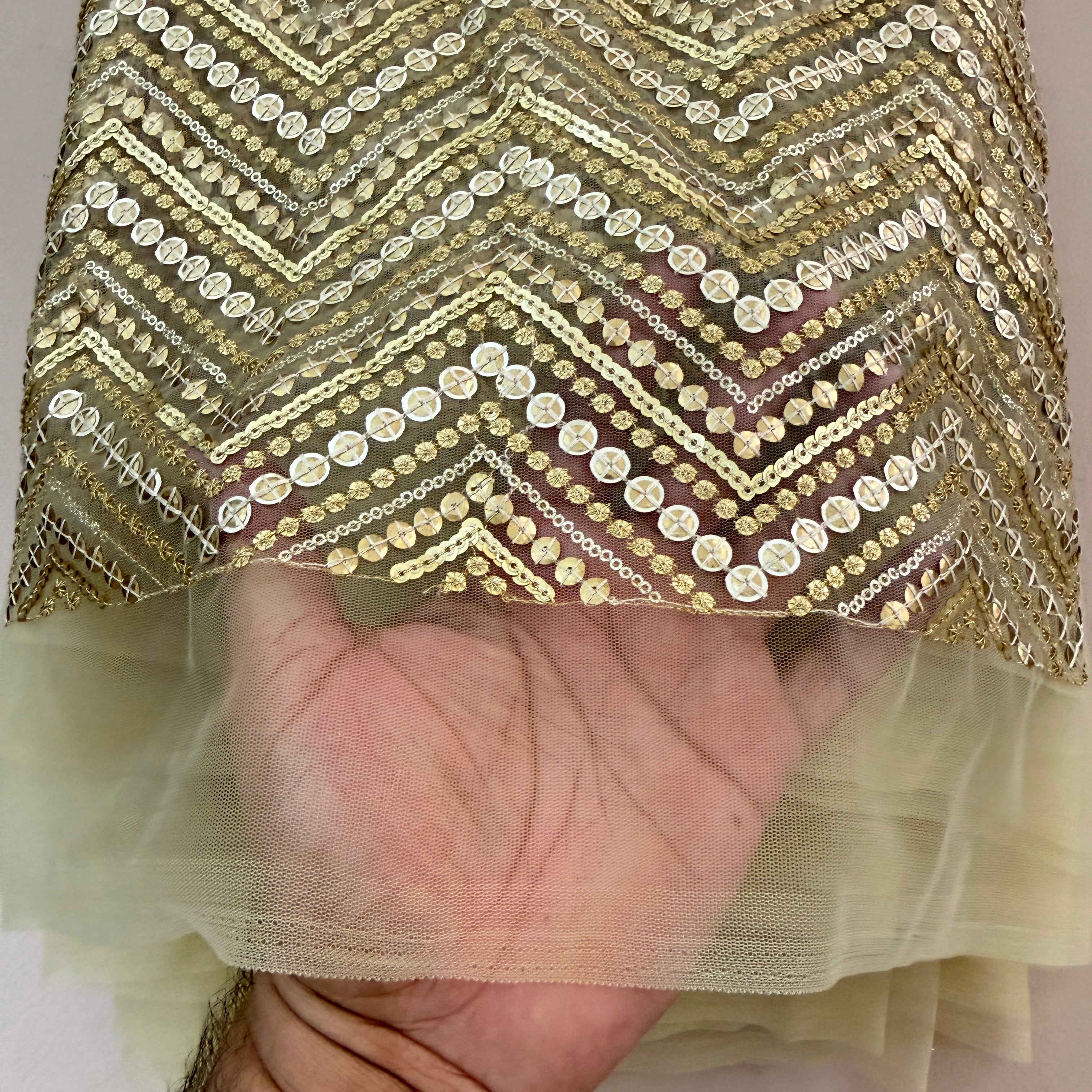 Zigzag Sequin Net Lace Fabric – Gold Chevron Embroidery | 46" Width